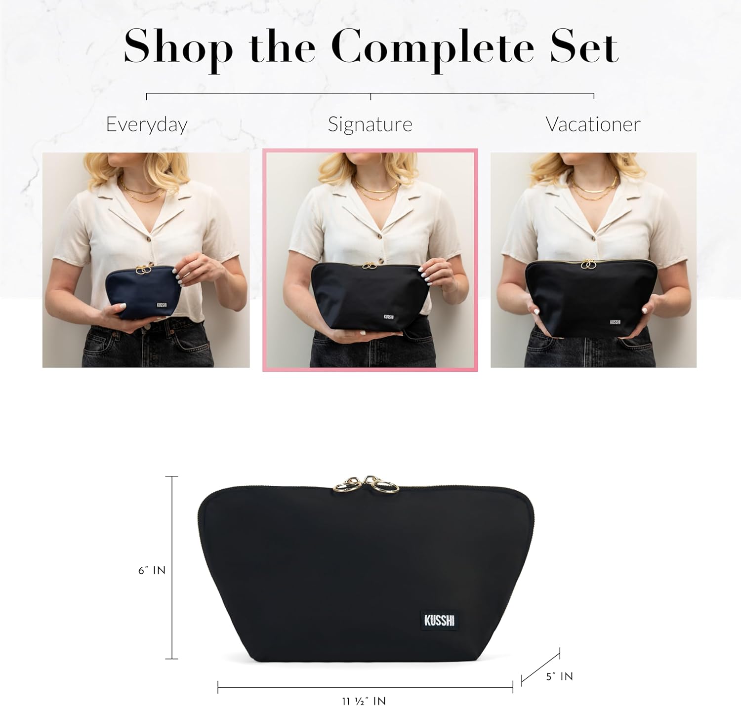 KUSSHI Washable Travel Makeup & Cosmetic Bag - Brush Organizer Sold Separately (Signature, Satin Black/Pink)