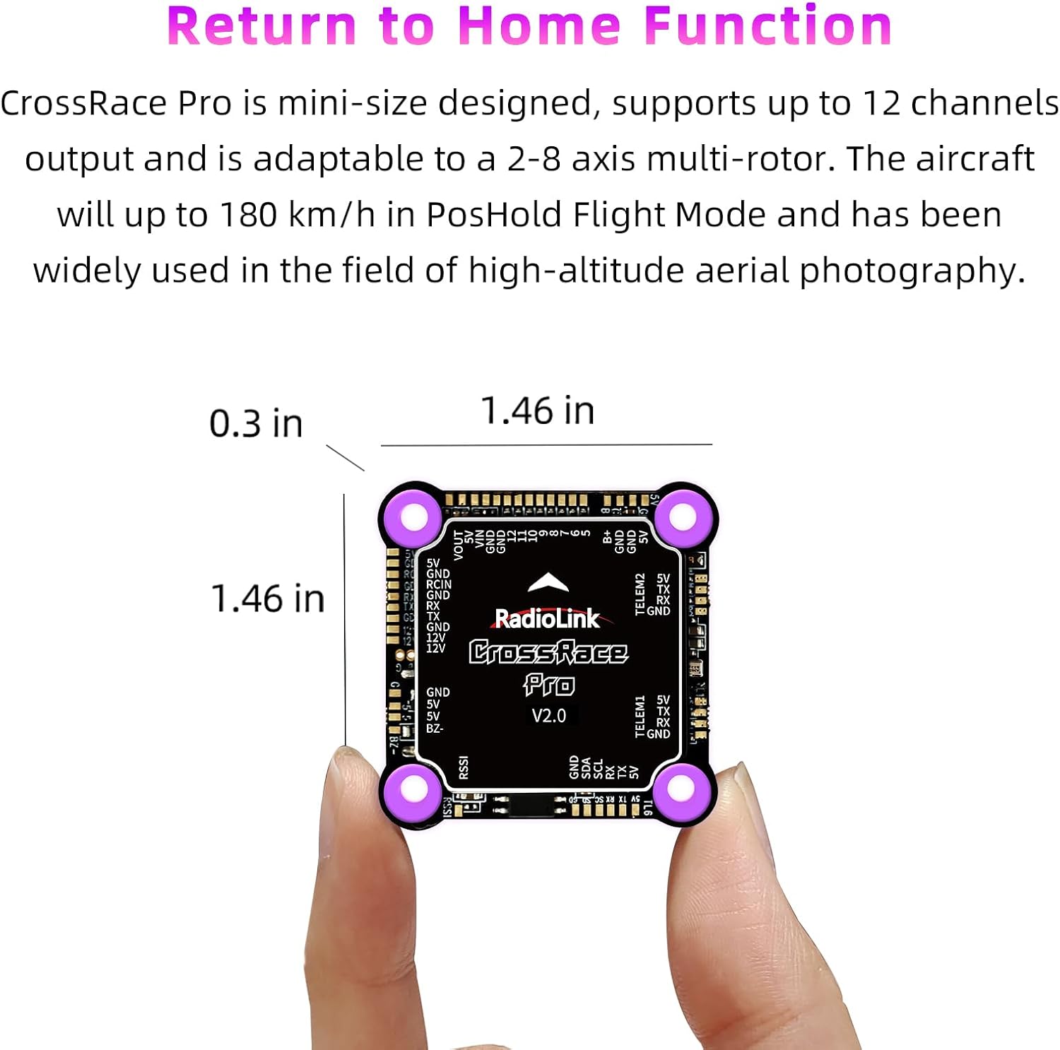 Radiolink CrossRace Pro Flight Controller held between fingers, illustrating its compact size, relevant to its use in various drone applications.