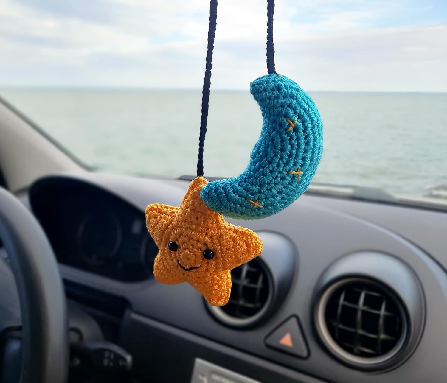 Star and Moon, Crochet Handmade Automotive Rearview Mirror Charm Decor, Aesthetic Pendant Car Interior Ornament for Gifts.