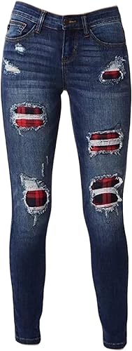 Andongnywell - Jeans ajustados para mujer, elásticos, cintura media, ajustados, con parches perforados, color rojo