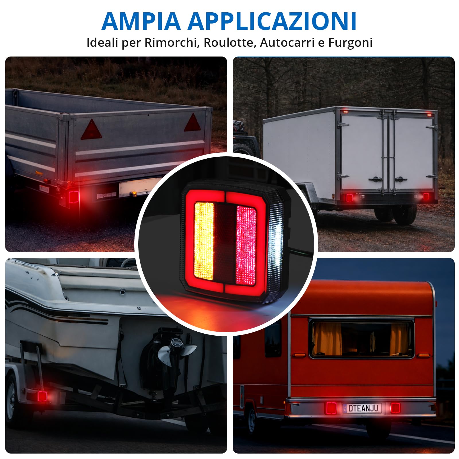 Kit di 2 Fanali Posteriori a LED per Rimorchio Impermeabili IP65, Luci Posteriori per Rimorchio e Roulotte a 12V-30V, Omologate E-Mark E9&E57, con Funzioni Freno, Direzione, Posizione e Targa