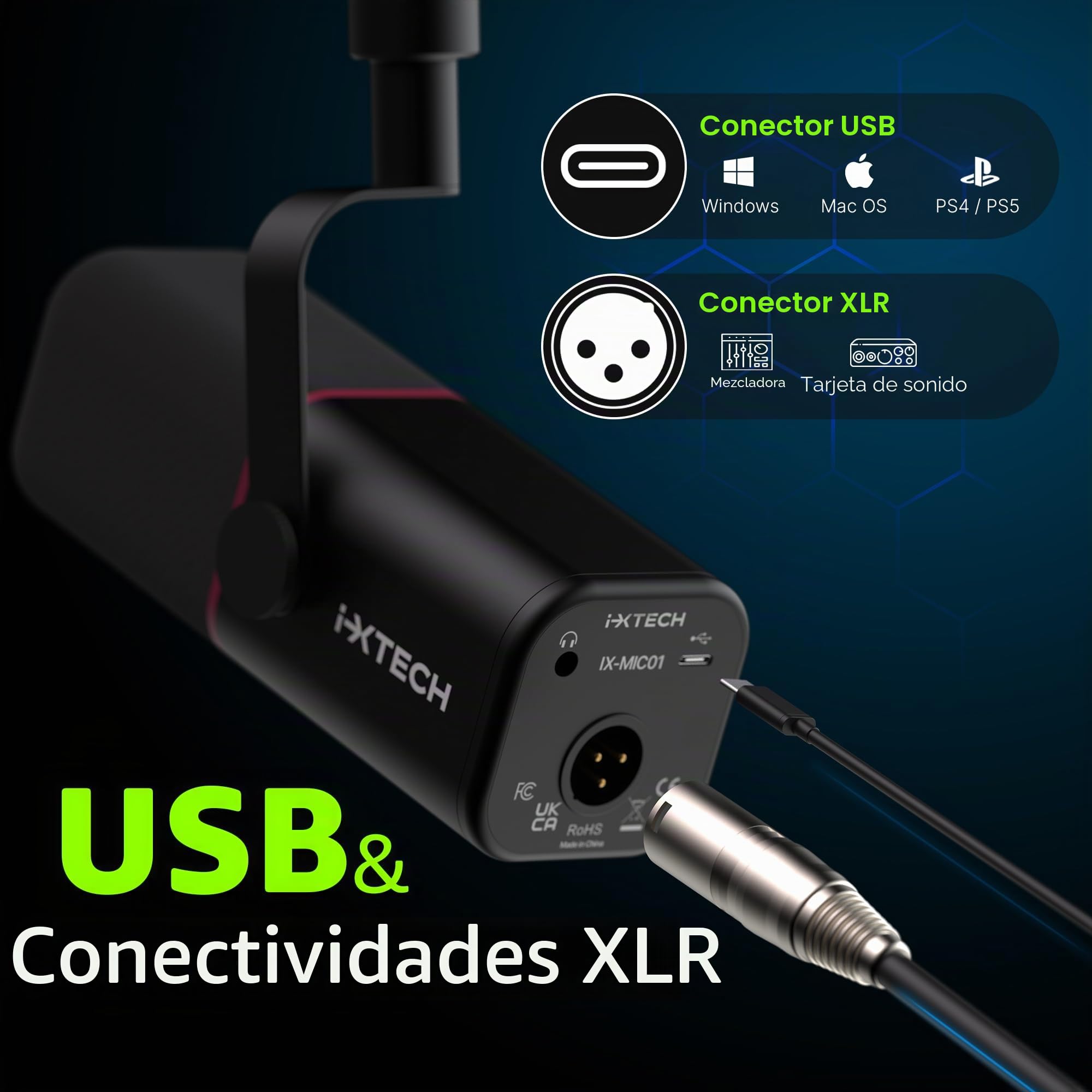 IXTECH Micrófono dinámico cardioide con Cubierta de micrófono, micrófono Vocal USB XLR para podcasting, transmisión, grabación, Juegos y Voz en Off (Negro)