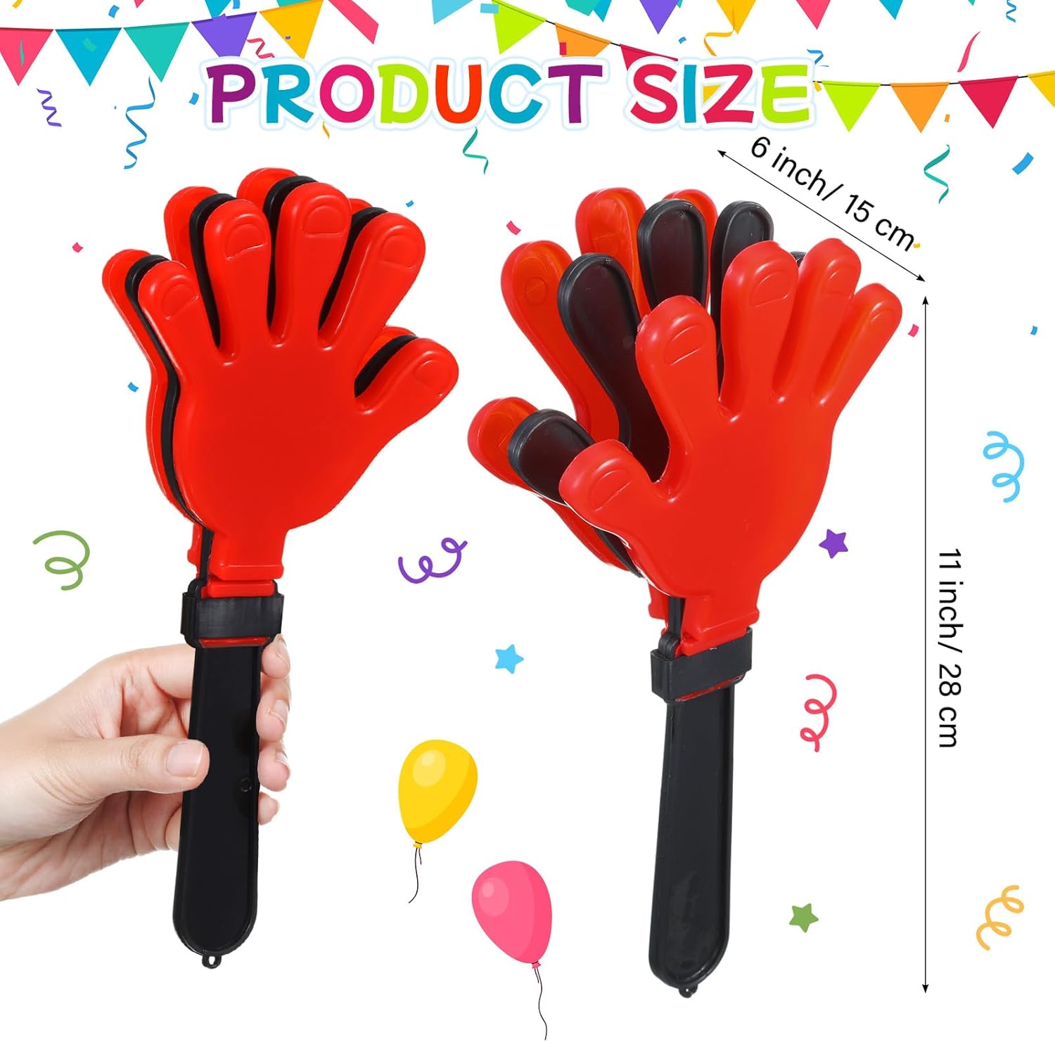 Poen 6 Pcs Jumbo 11 Inch Hand Clappers Noise Makers Giant Large Plastic Noisemakers for Sporting Event Dance Fiesta Birthday Accessories Party Supplies(Red and Black)