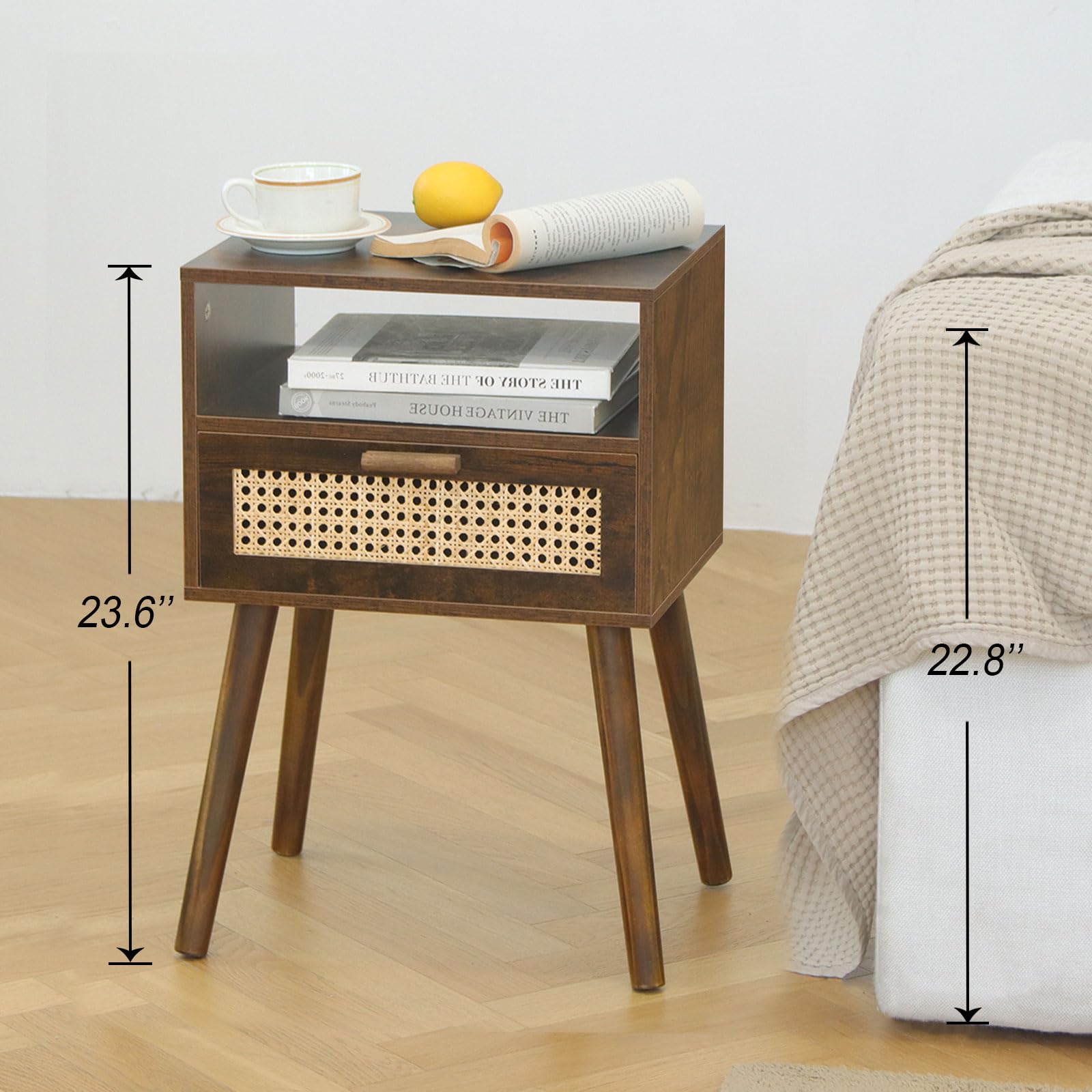 Mesita de noche de mediados de siglo, mesa auxiliar de ratán con cajón, mesita de noche moderna de madera para dormitorio, sala de estar y espacios pequeños (marrón rústico) 9