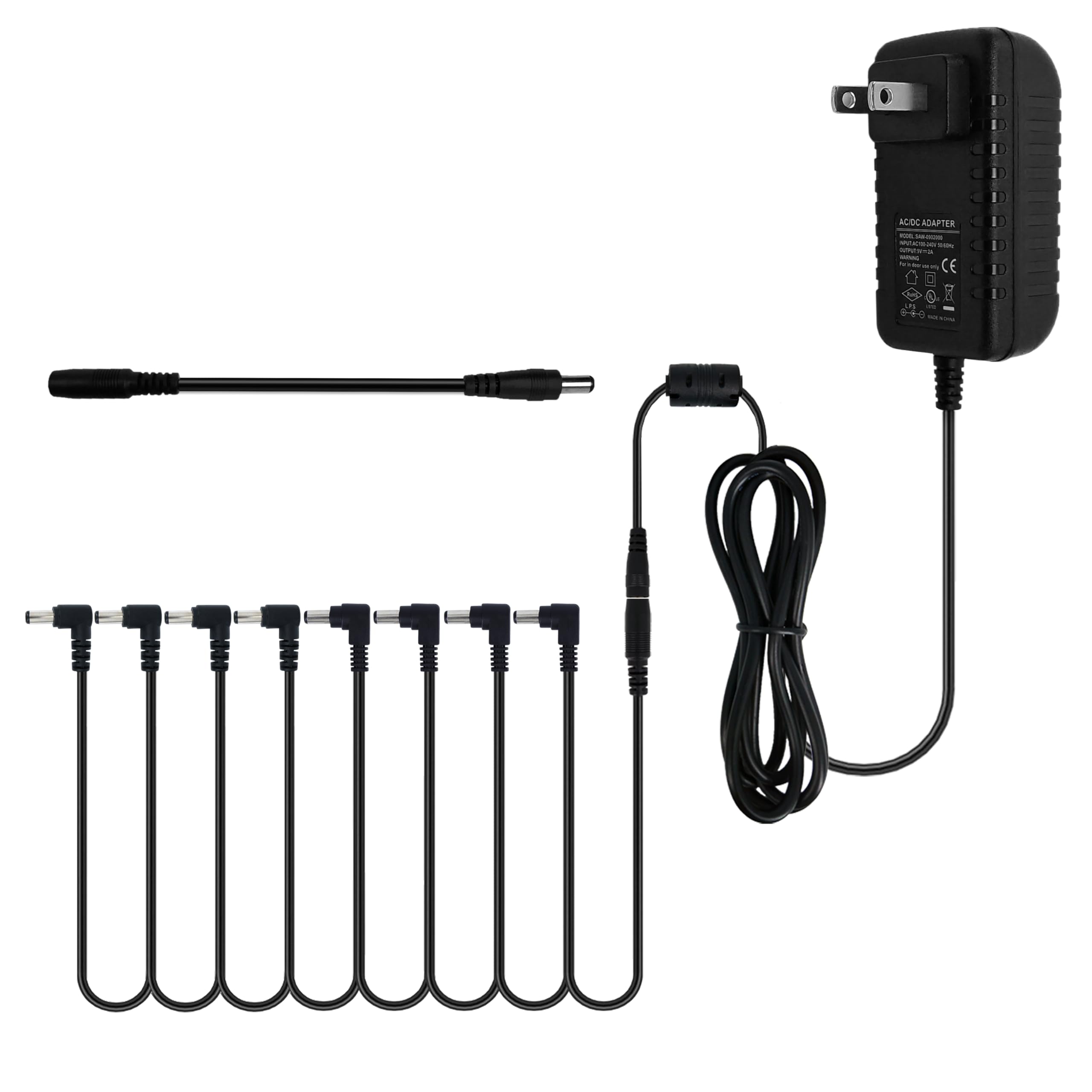 Pigtone Guitar Pedal Power Supply Adapter 9V DC 1A/2A 2000ma Tip Negative 8 Way Daisy Chain Cables for Guitar Effect Pedals?Suitable for Most Guitar Effects Pedals