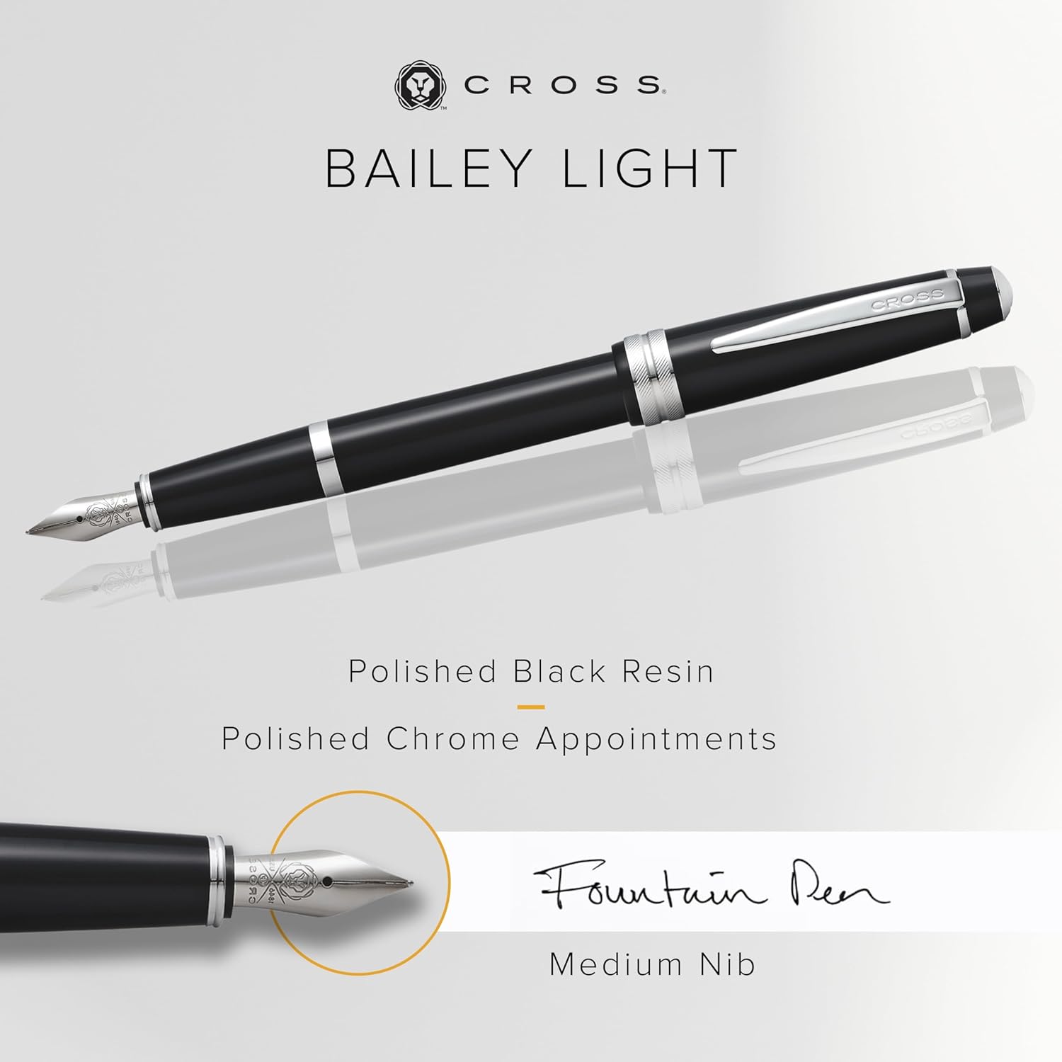 Cross Bailey Light Polished Black Resin Medium Nib Fountain Pen - Professional Pen for Effortless Writing - Journaling, Note-Taking & More - Black Ink - Easy Handling - Includes Gift Box