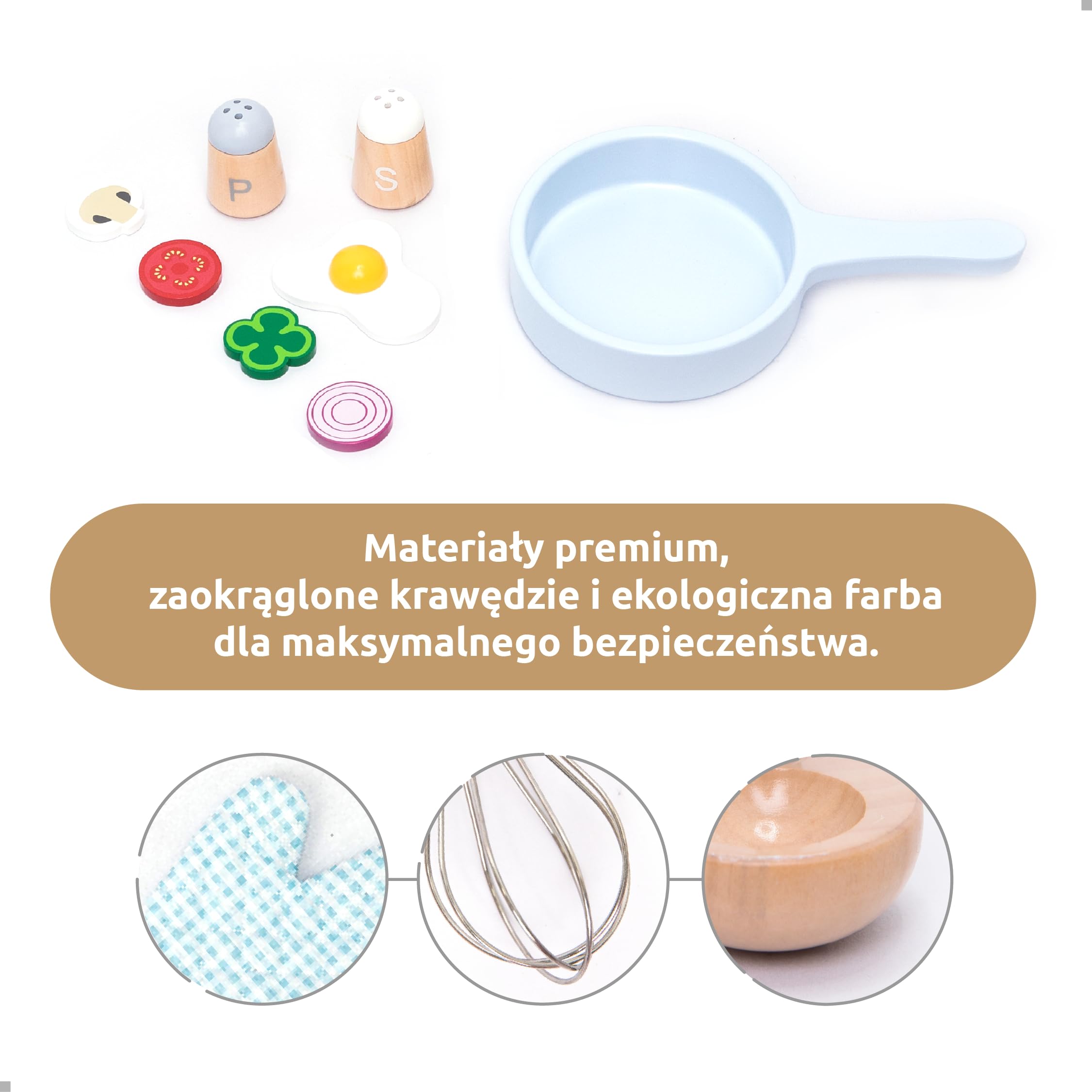 UMU drewniany zestaw kuchenny dla dzieci z naczyniami, garnkami, patelniami, fartuchami, żywnością