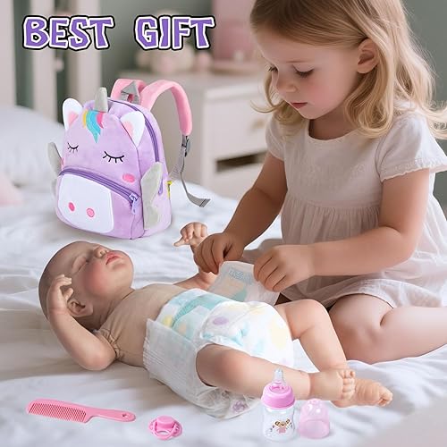 Miniatura 6 de Juego de 10 bolsas de pañales para muñecas Reborn de 17 a 24 pulgadas, accesorios para bebés recién nacidos, con mochila de unicornio, pañales,