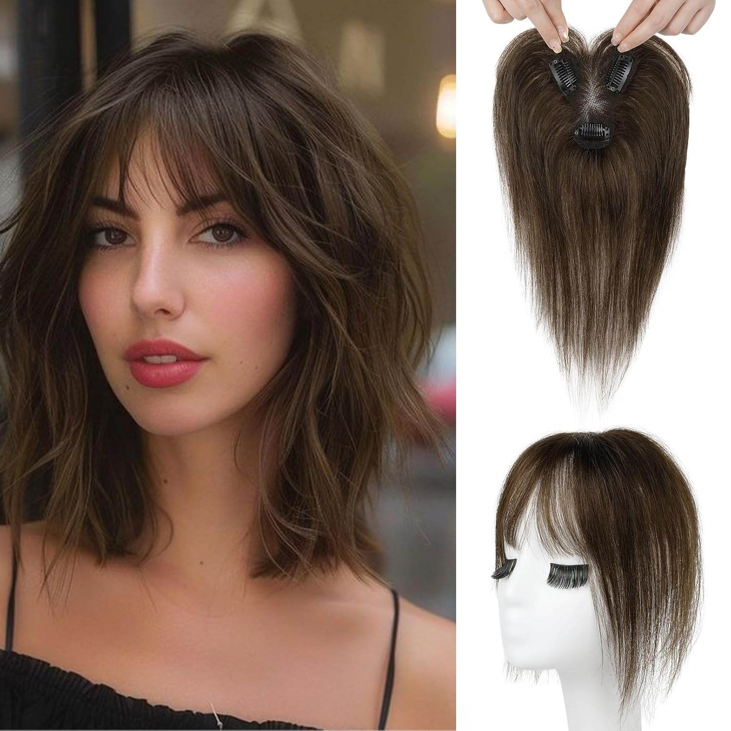 REECHO Hair Toppers for Women Real Human Hair, Seamless Human Hair Toppers with Bangs, 360° 3D Cover Clip in Bangs Hair Extensions for Daily Wear, Chocolate Brown
