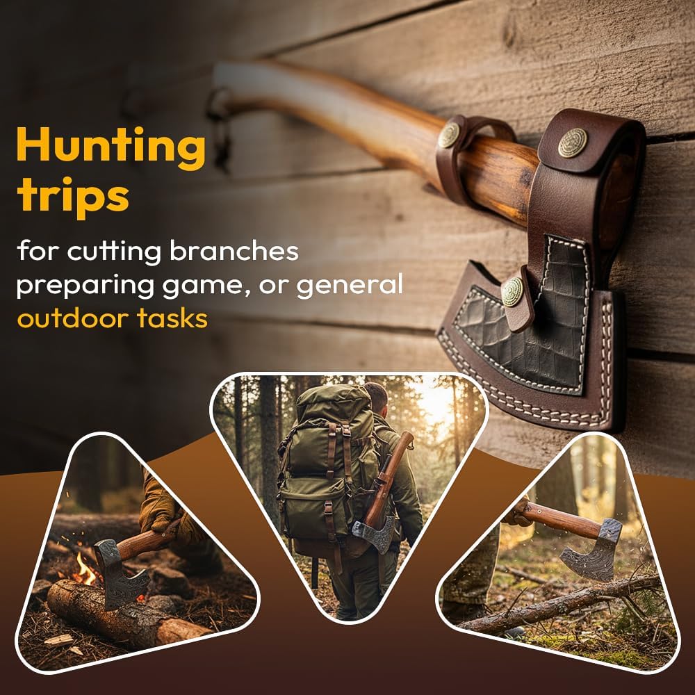 Dessi Viking Axe Hand Forged Damascus Steel Hatchet Tomahawk Leather Sheath Walnut Wood Handle Tiger Engraving Bushcraft Camping Gift Men SM14