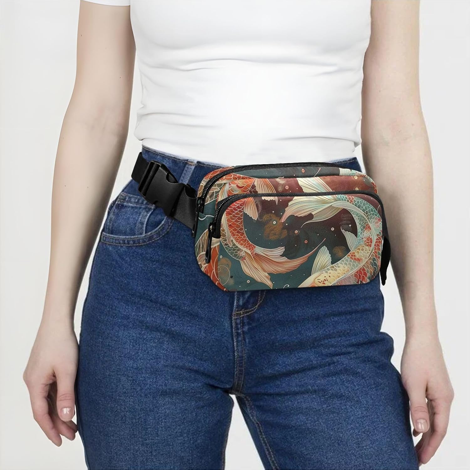 Gold Thread Distinctive Swimming Fashion Waist Bag Fanny Pack for Women Men Water Resistant Croose Body Purse with Adjustable Strap for Travel Running Hiking