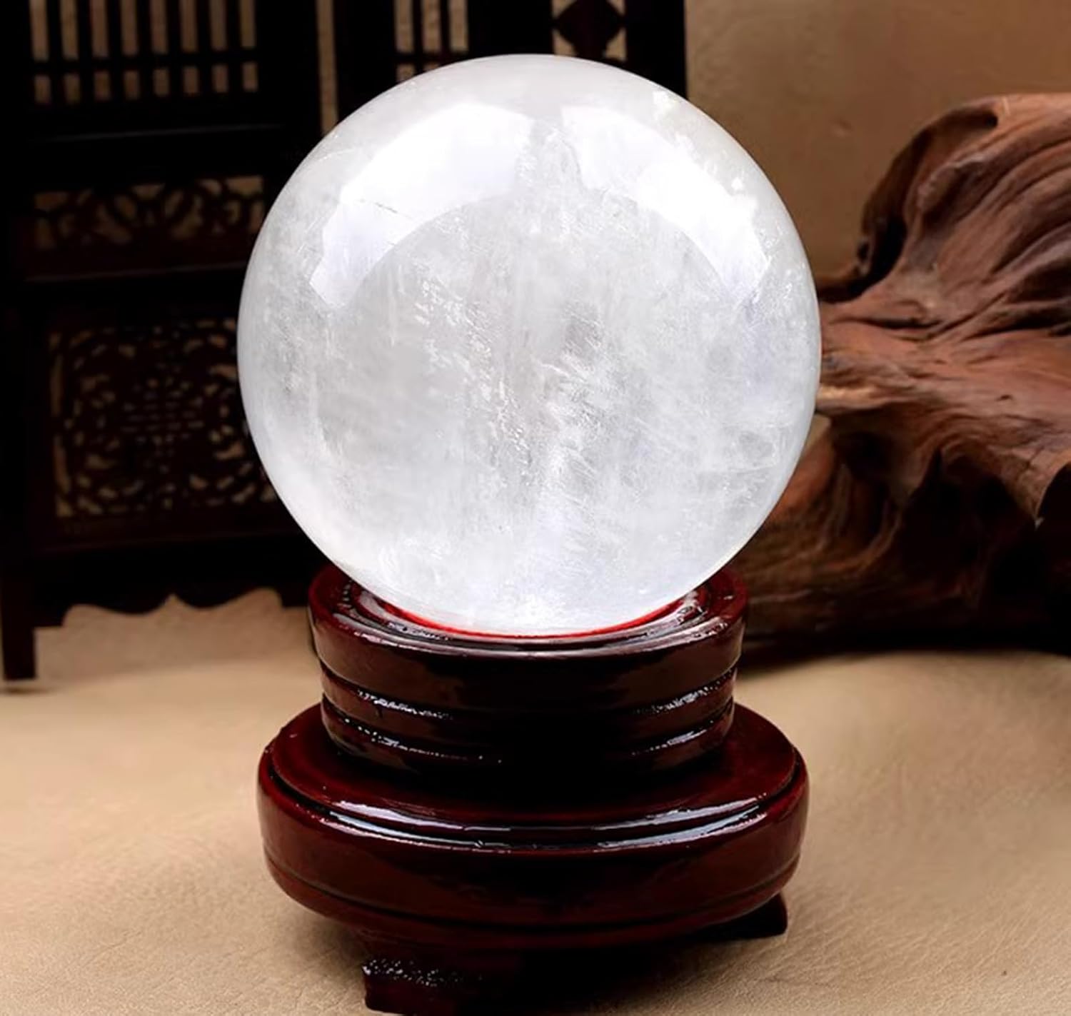 Quartz Crystal Ball,White Calcite Crystal Sphere with Wooden Stand,Feng Shui Crystal Ball for Lucky Wealth Protect The House,5.5"(14cm)