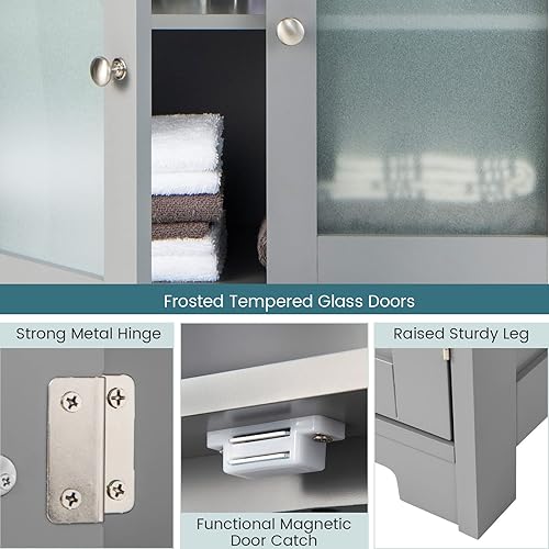 Miniatura 6 de LOKO Armario alto de baño, organizador de almacenamiento moderno con puertas y estantes abiertos, armario de piso de madera con estantes ajustables