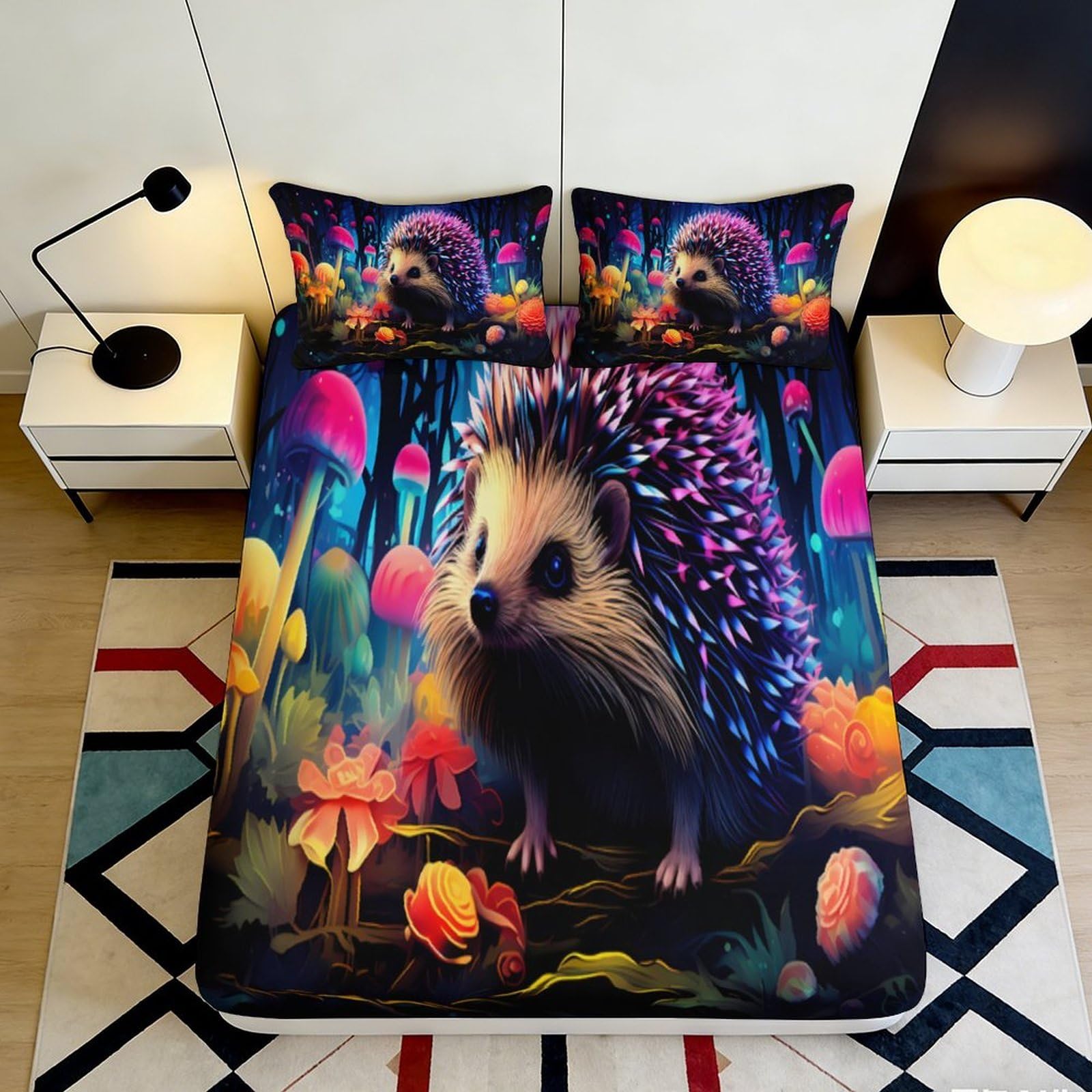 3D Printed Forest Hedgehog Fitted Sheet Microfiber Deep Pocket Non-Slip Bedroom Bedding Hedgehog Mattress Fitted Cover for Adults Teens Washable 160x200x25cm