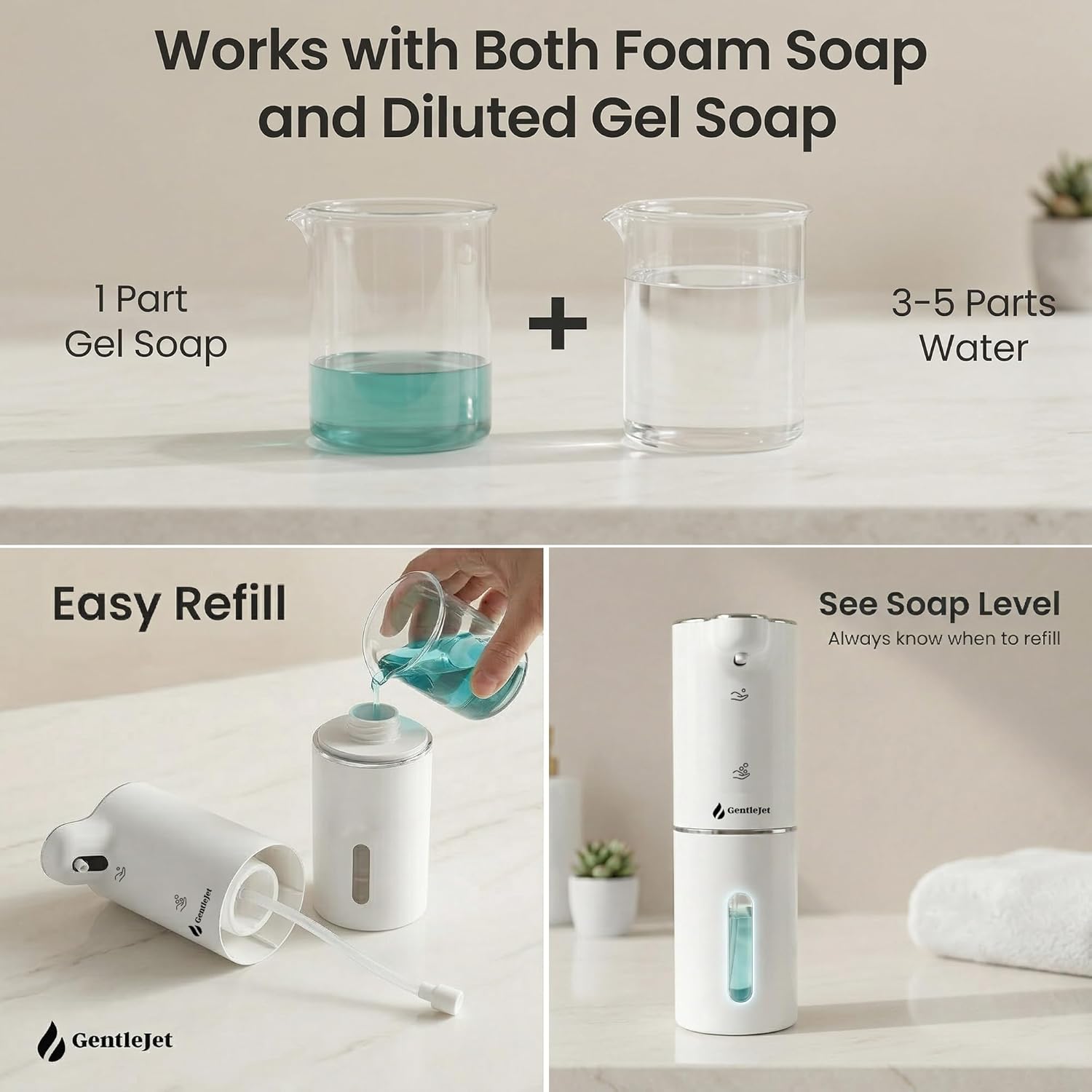 GentleJet JetFoam Automatic Foam Soap Dispenser – Touchless Sensor, USB-C Rechargeable, Adjustable Output, IPX5 Waterproof, 300 ml, Bathroom & Kitchen Countertop