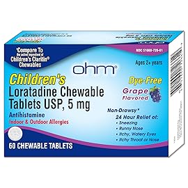Ohm Children\'s Allergy Medicine, Loratadine 5mg, Chewable Tablets (60 Count) Grape Flavor, Non-Drowsy Antihistamine, 24-Hour Allergy Relief for Runny Nose, Watery Eyes, Itchy Throat & Nose