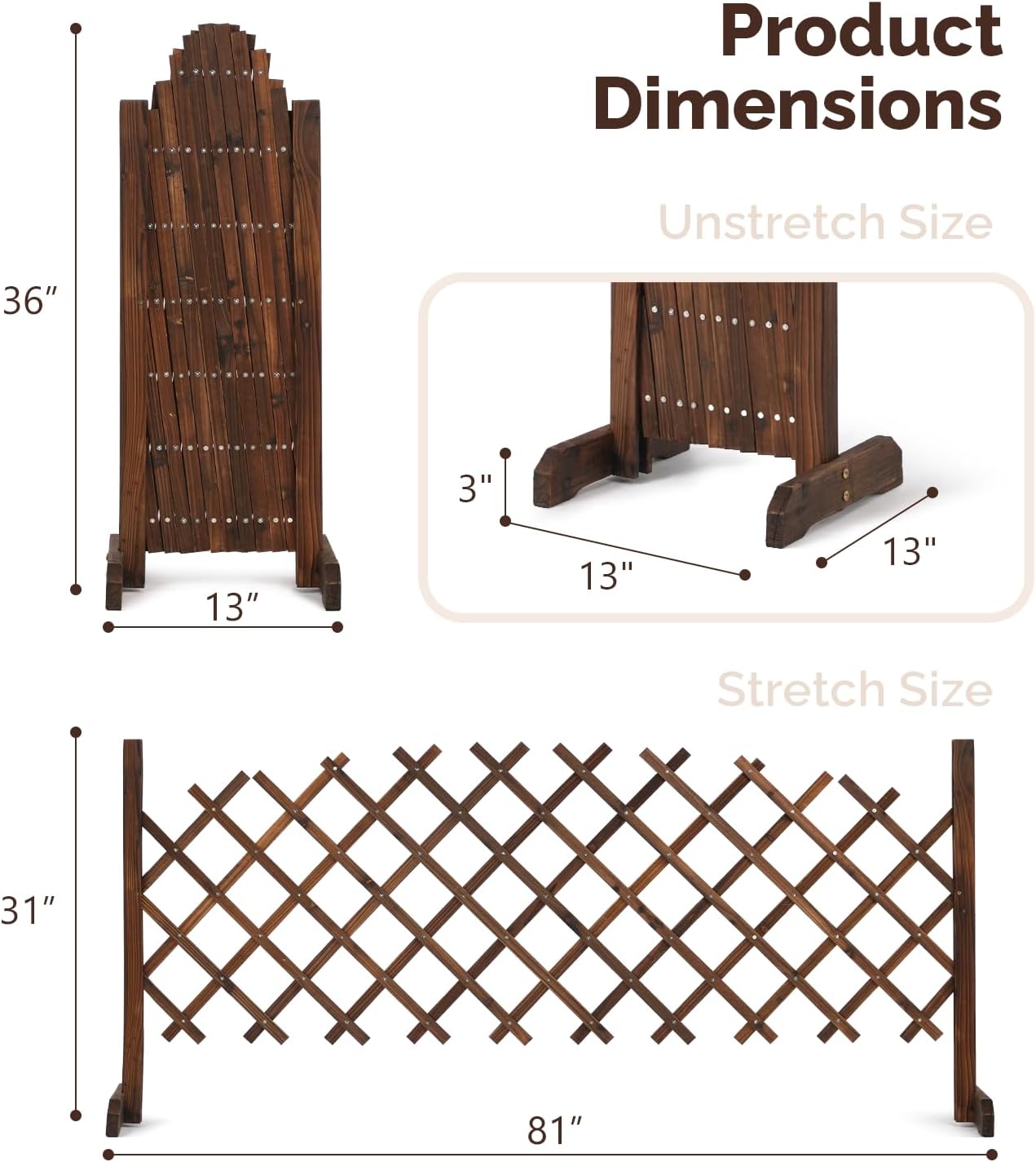 Outvita 2 PCS Extendable Garden Fence, 81" Extendable Solid Wooden Fence, Portable Garden Gate for Patio, Yard, Garden, Pet Barrier & Plant Climbing Support