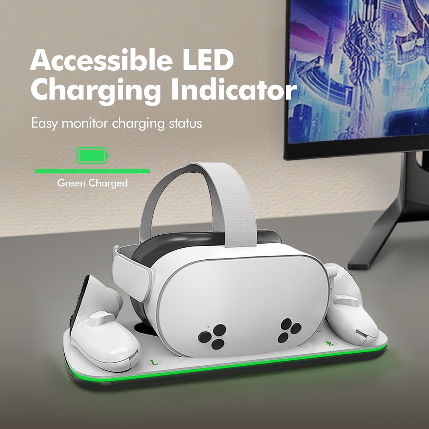 Image showing the charging dock with a Meta Quest 3/3S headset and controllers, displaying a green LED light indicating full charge.
