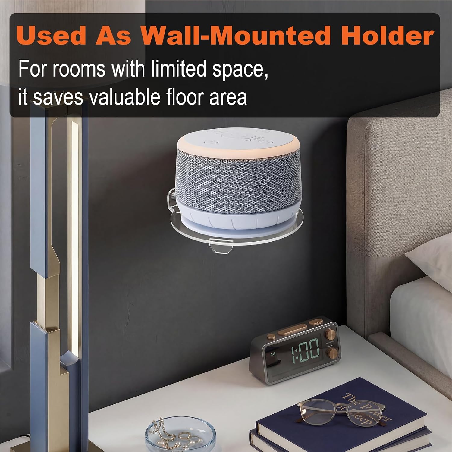 Beautyflier Acrylic Holder for White Noise Sound Machine, Portable Wall-Mounted Clear Holder Tray, Compact Sleep Sound Machine Stand for Bedroom, Travel, Study and More, Space Saving (Clear)