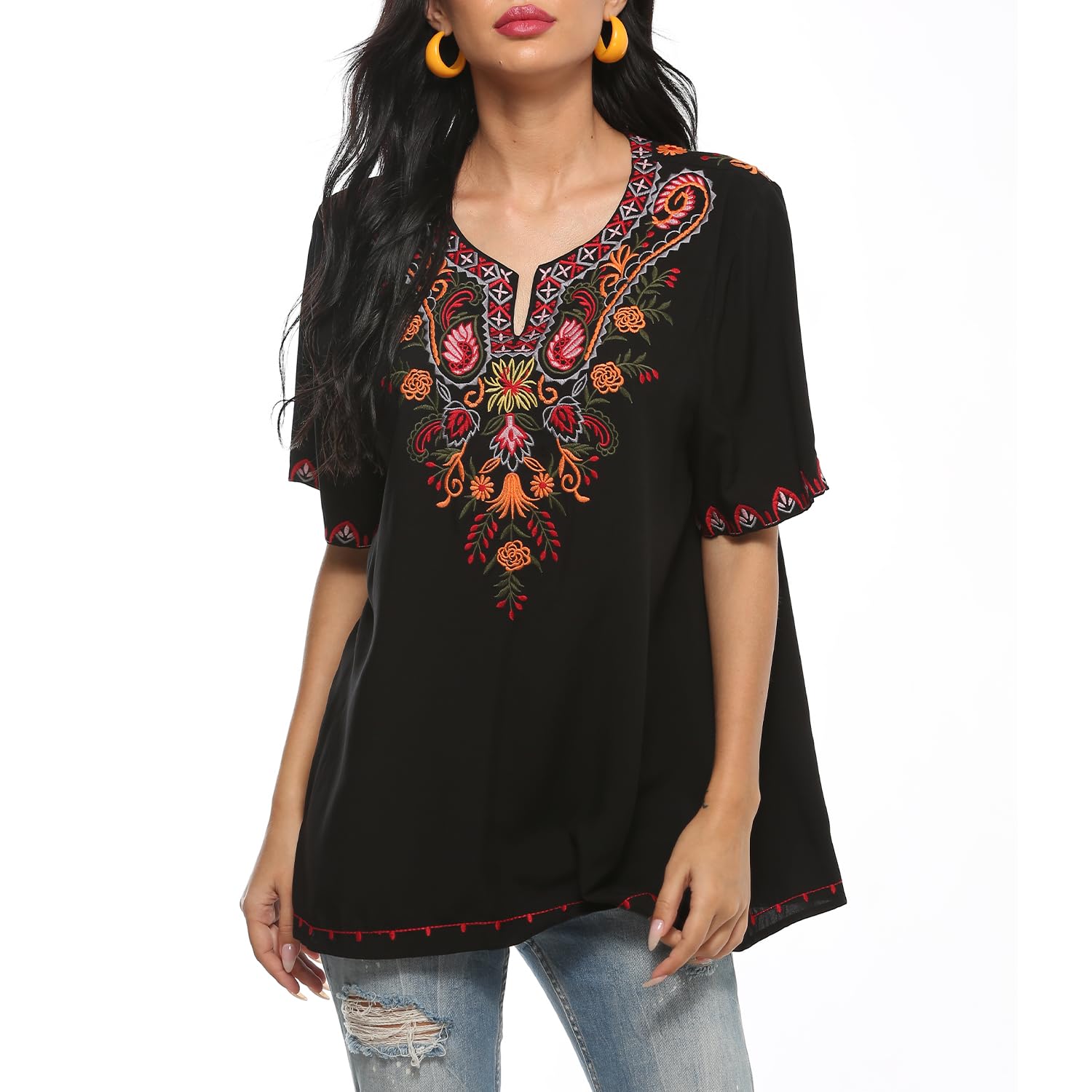 drakloak Boho Stickerei Bluse Hippie Kleidung Damen Bohemian Folklore Stickerei Bluse Kurzarm V Ausschnitt Tunika Sommer LäSsige Oberteil