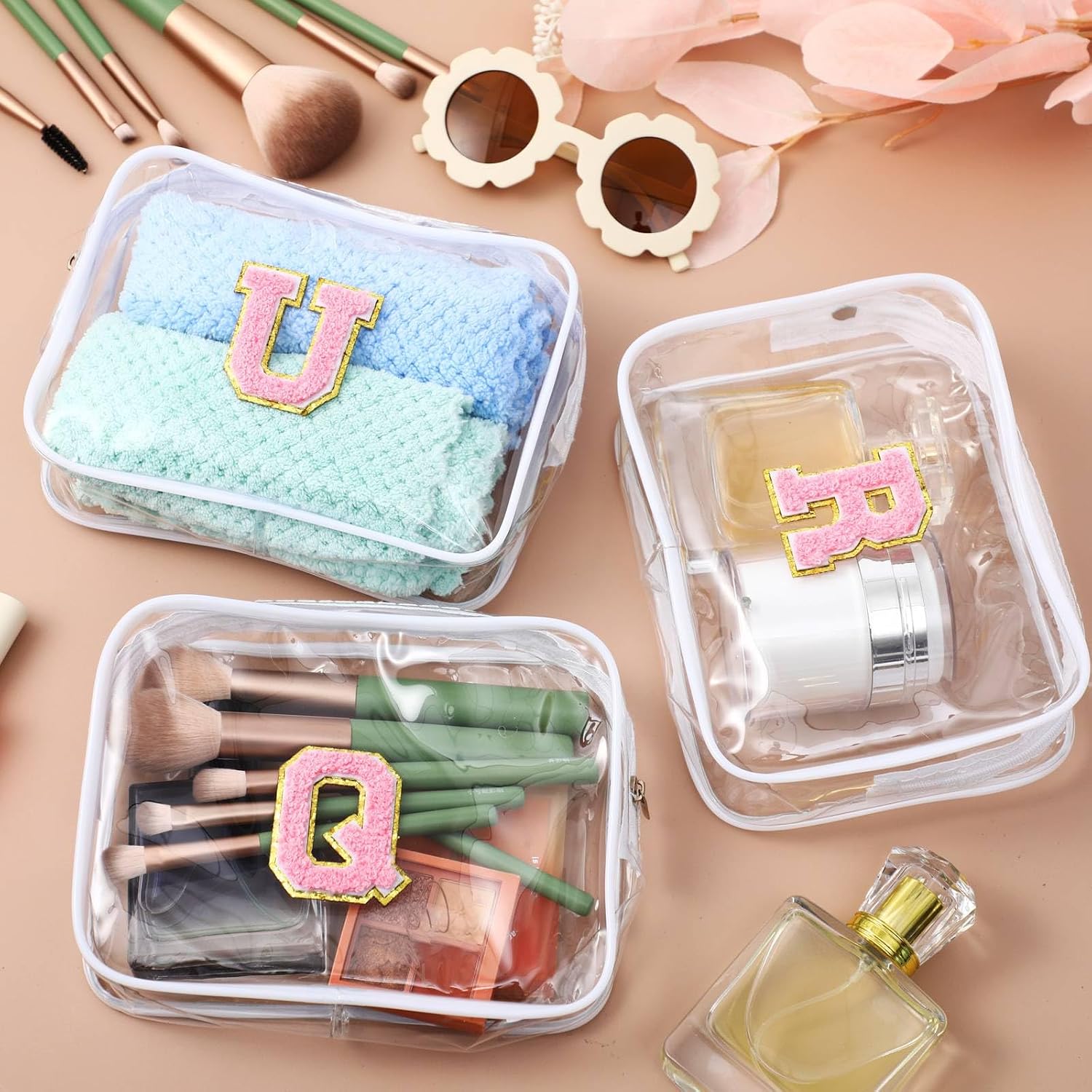Huhumy 12 Pcs Clear Initial Makeup Bag with 32 A-z Chenille Letter Patch DIY Letters Zipper Cosmetic Bag Waterproof Beach Storage for Women Men Girls Travel Birthday Gift(White, Pink Letters)