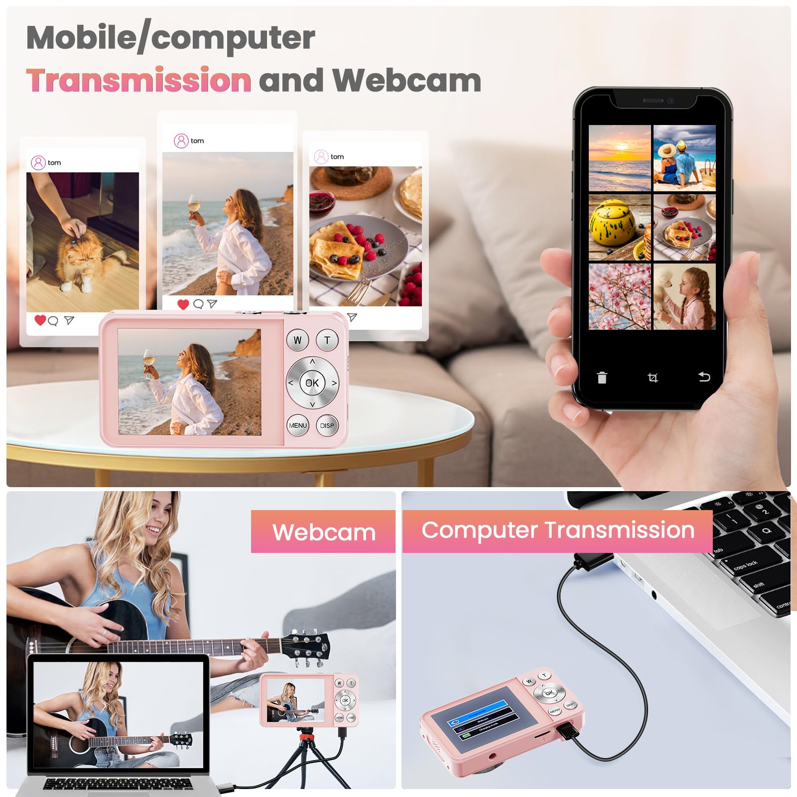 Fotocamera digitale da 64 MP 4K, zoom 18x, fotocamera compatta con messa a fuoco automatica, con scheda TF da 64 GB, flash, schermo LCD da 2,8 pollici, per adolescenti, adulti, principianti