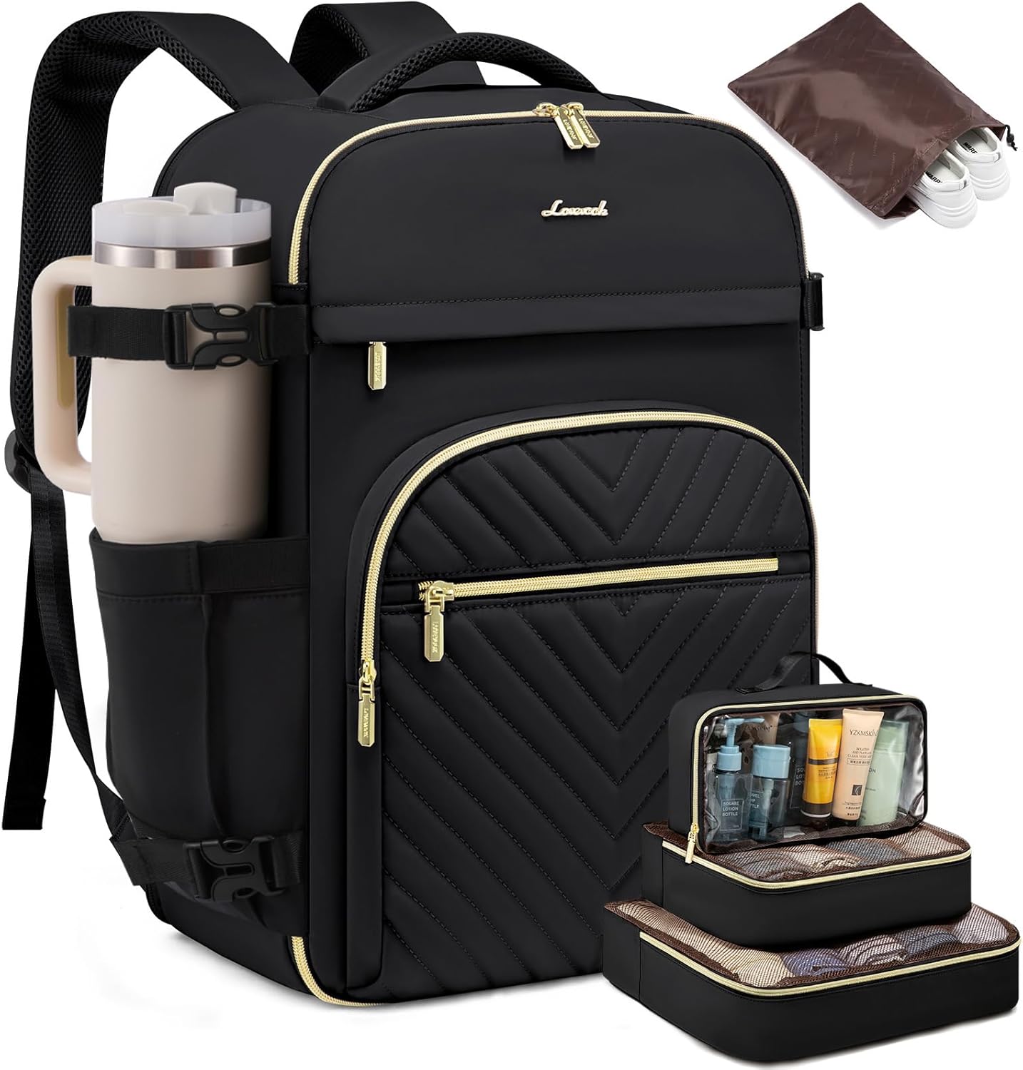 LOVEVOOK Large Travel Backpack for Women, 50L Carry on Backpack for Airplanes, TSA Personal Item Travel Bag for Women fits 18" Laptop, Waterproof Carry on Bags with 4 Packing Cubes, Black