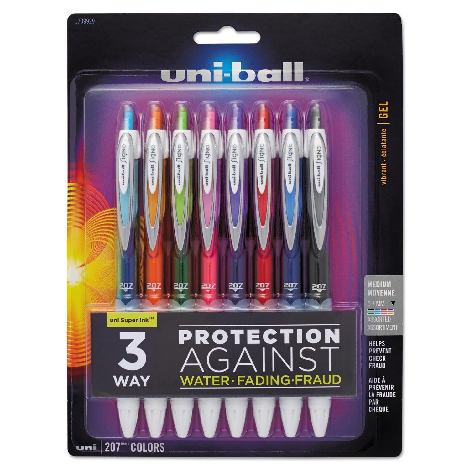 uni-ball Signo Gel 207 Lot de 8 stylos roller à encre gel rétractable, encre assortie, taille moyenne, 8 par lot