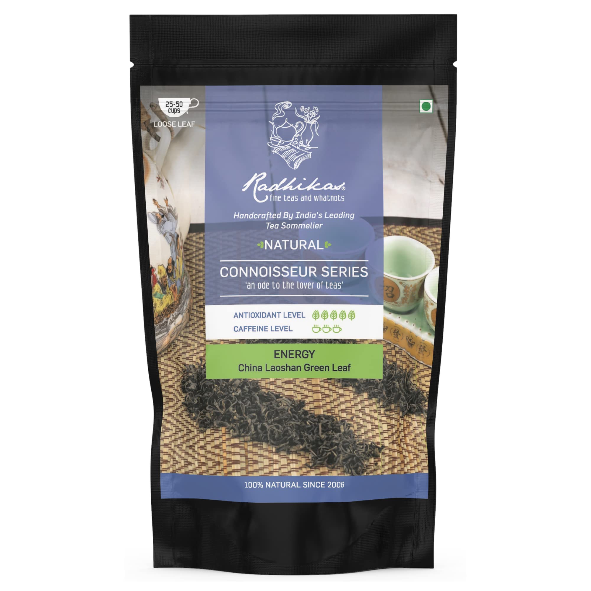 Radhikas Fine Teas and Whatnots ENERGY China Laoshan Green Leaf Green Tea Pouch, 50 gm - Makes 25 Cups of Tea