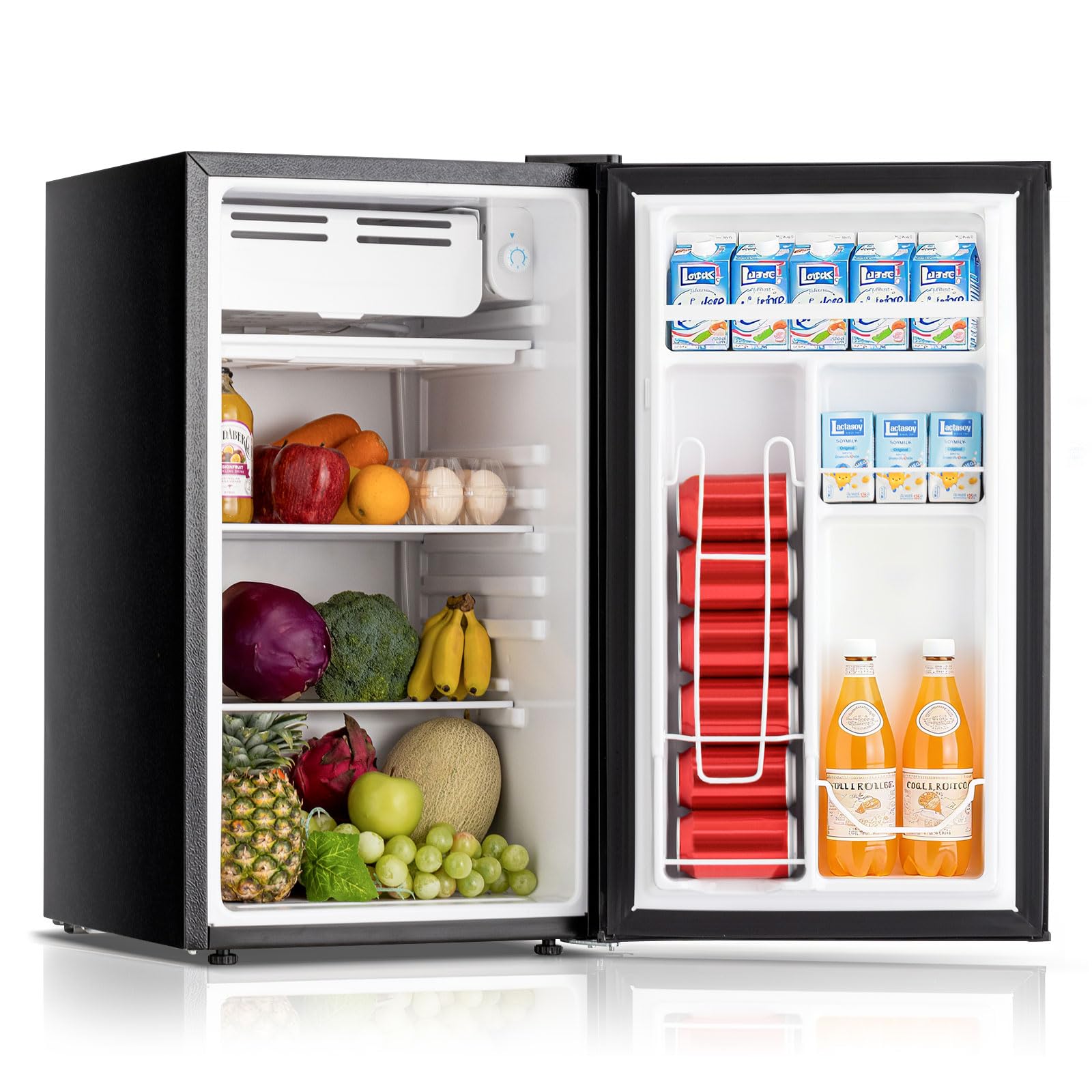 90.8L Mini Fridge with Freezer, Single Door Small Refrigerator, Dorm Fridge with 7 Adjustable Thermostat, Energy Saving, Low Noise, Compact Refrigerator for Office, Bedroom, Dorm, Black