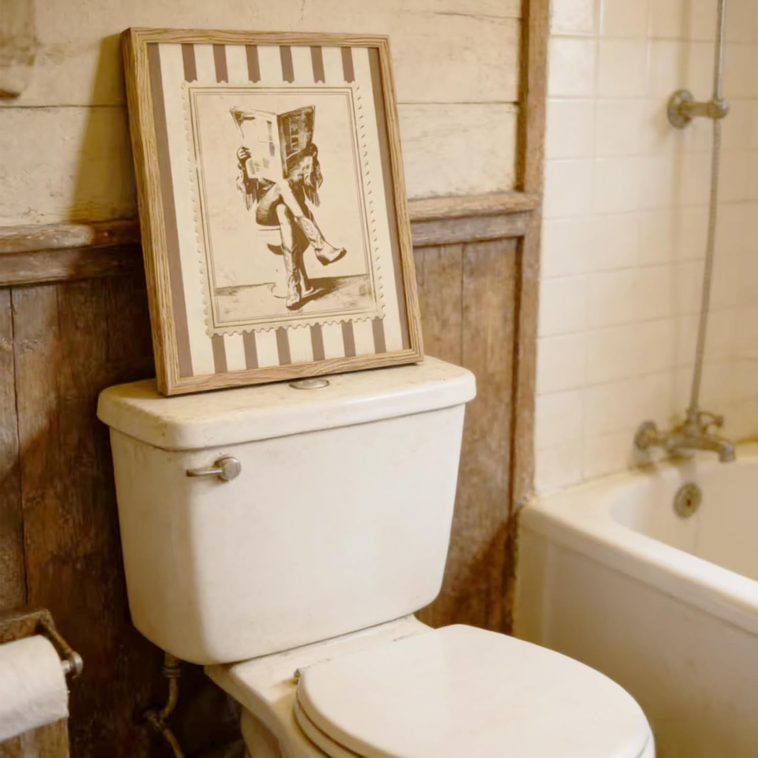 Framed Vintage Cowgirl Funny Bathroom Canvas Wall Art, Retro Stamp Style Western Rustic Wall Decor, Beige Brown Cowboy Boots Picture for Bathroom Laundry Room Bedroom Farmhouse Home Decoration