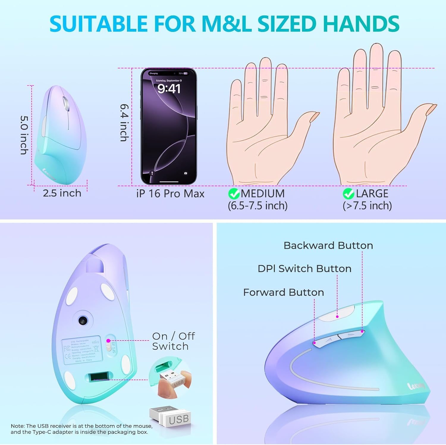 Lekvey Ergonomic Mouse, USB C Wireless Vertical Mouse, Dual Mode Rechargeable USB-A & Type-C Ergo Mouse, 1600 DPI, Relieves Wrist Pain and Carpal Tunnel, for Laptop Computer Mac MacBook, Purple Green