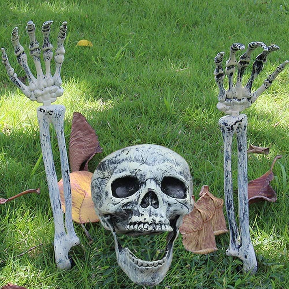 FLYWIND Realistic Skeleton Bones Skull Head and Hands Halloween Skeleton Decorations for Lawn, Outdoor Halloween Decorations Skeletons Scary Skull and Skeleton Arms Halloween Graveyard Decor