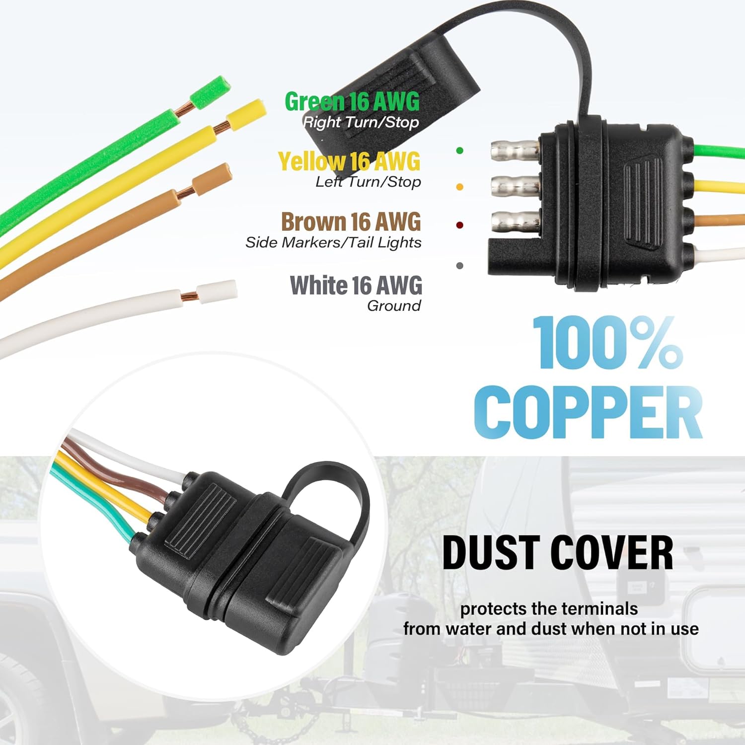 MECMO 4-Way Flat Trailer End Connector 25 Inch, 16AWG 4 Prong Trailer Wiring Harness Plug with Dust Cover, Trailer-Side 4-Pin Trailer Light Plug Male End Replacement Connector for Trailer Hitch Wire