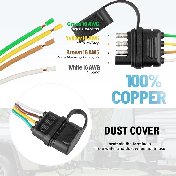 MECMO 4-Way Flat Trailer End Connector 25 Inch, 16AWG 4 Prong Trailer Wiring Harness Plug with Dust Cover, Trailer-Side 4-Pin Trailer Light Plug Male End Replacement Connector for Trailer Hitch Wire