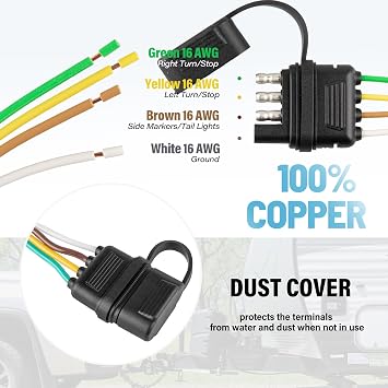 MECMO 4-Way Flat Trailer End Connector 25 Inch, 16AWG 4 Prong Trailer Wiring Harness Plug with Dust Cover, Trailer-Side 4-Pin Trailer Light Plug Male End Replacement Connector for Trailer Hitch Wire