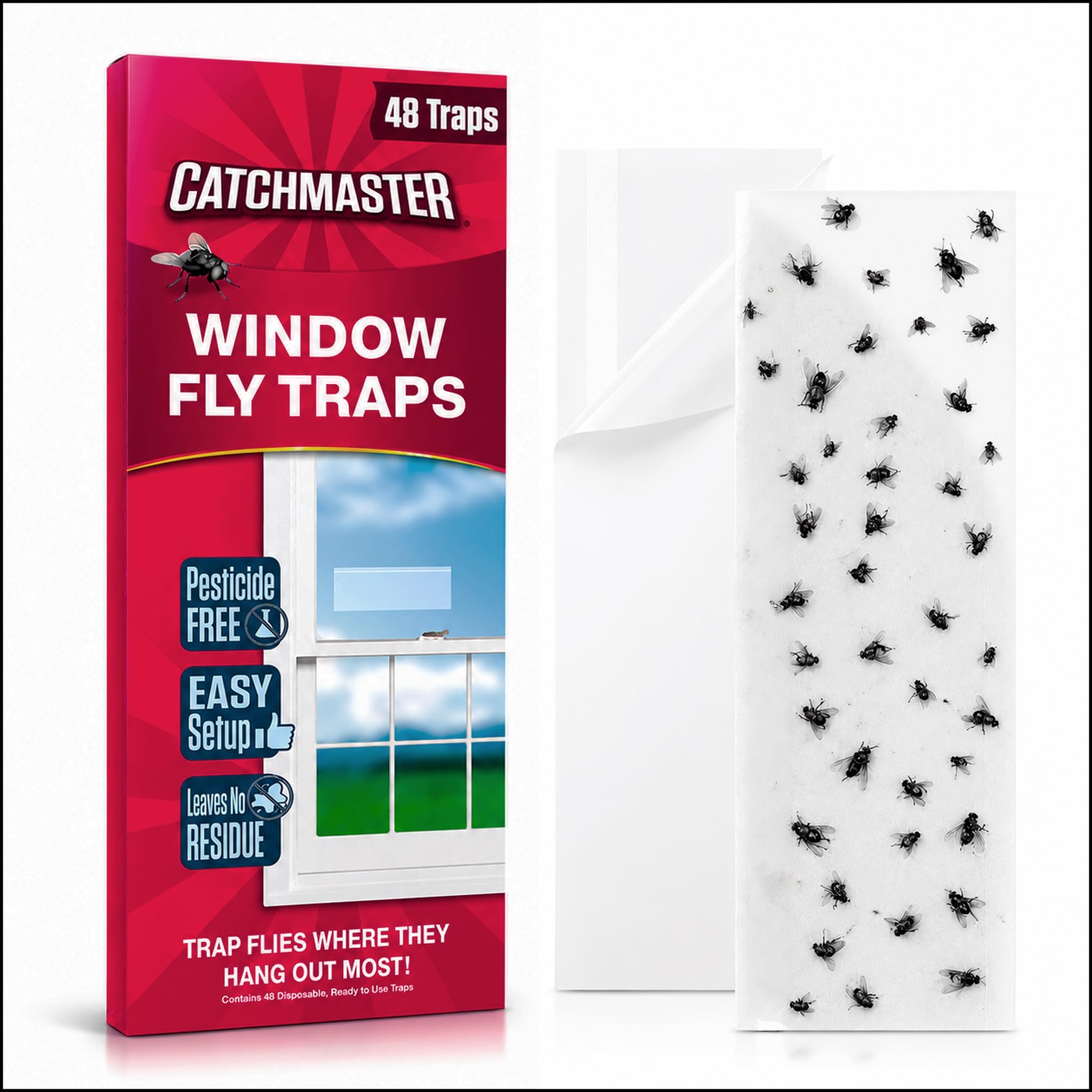 Catchmaster Window Fly Traps 48-Pack, Fruit Fly Traps for Indoors, Disposable Bulk Bug Catcher, Waterproof Insect Glue Trap, Adhesive Strips, Pest Control for Home, Kitchen, & Garage