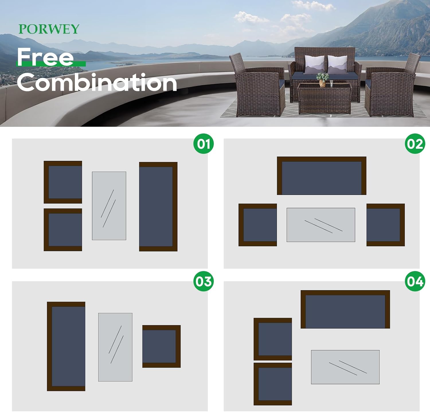 PORWEY Patio Outdoor Furniture 4 Pieces Sectional Sofa Set Balcony Furniture Wicker Rattan Chairs with Table and Loveseat for Garden, Porch, Backyard, Brown Wicker/Blue Cushion