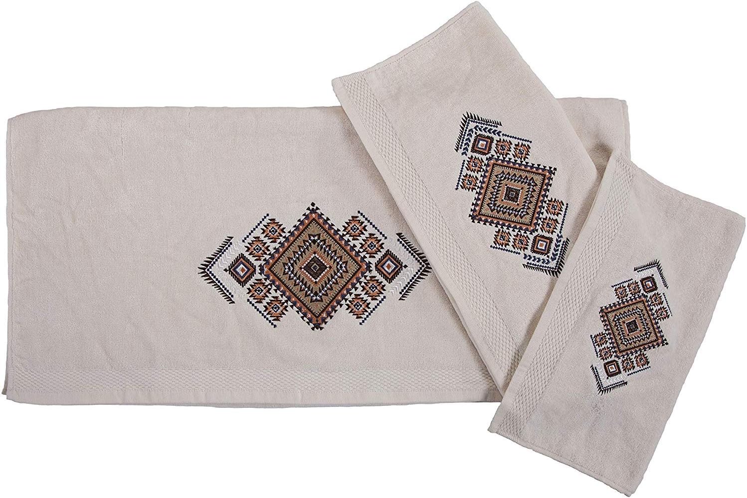 HiEnd Accents Sedona 3 Piece Bath Towel Set, Brown Cotton Blend Aztec Pattern, Southwestern Western Chic Casual Towels for Bathroom