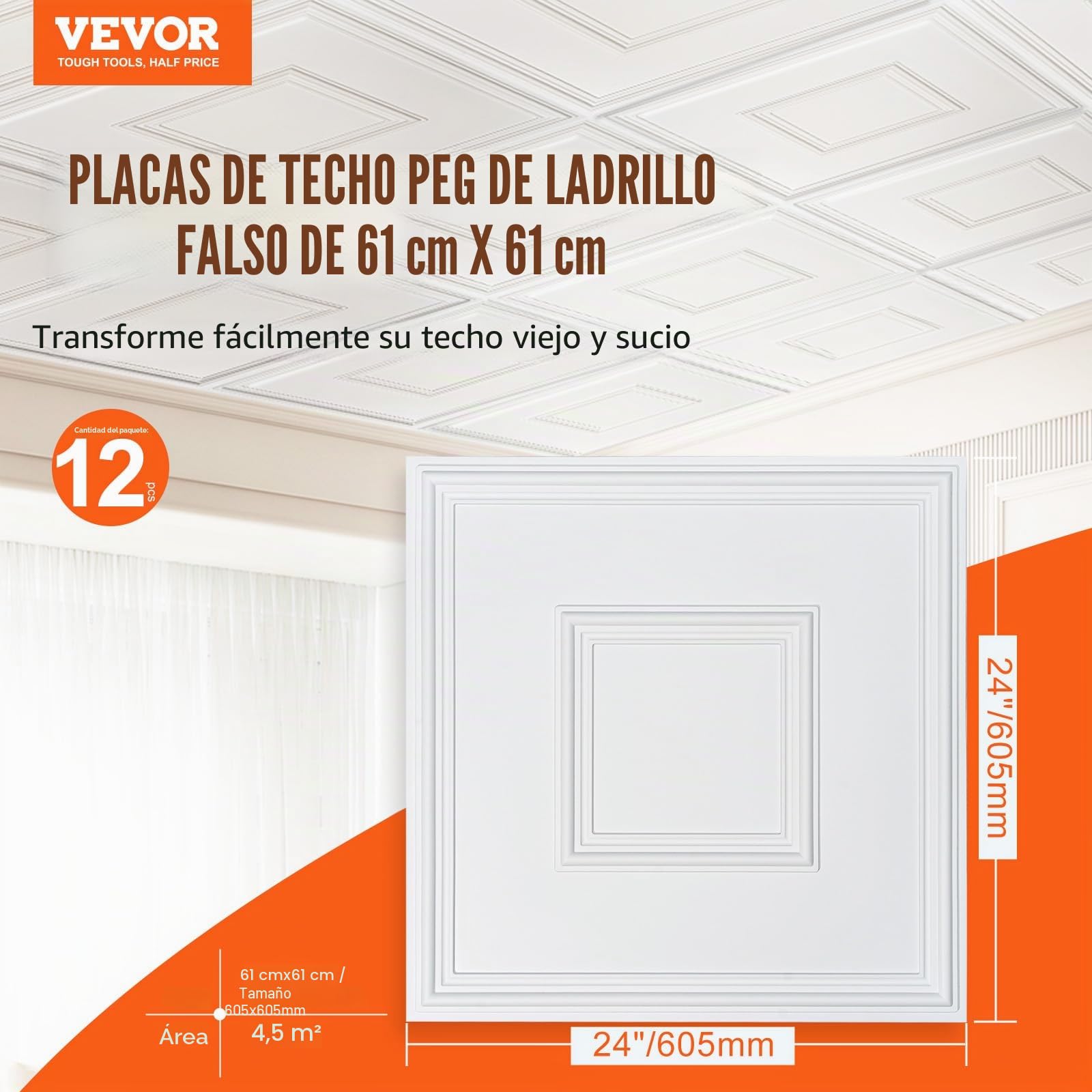 VEVOR Paneles para Techo Suspendido, Paquete de 12, Láminas de PVC de Primera Calidad, Fácil Instalación/Corte, Plástico, para Decoración del Hogar/Oficina, Diseño Geométrico Blanco, 605 x 605 mm