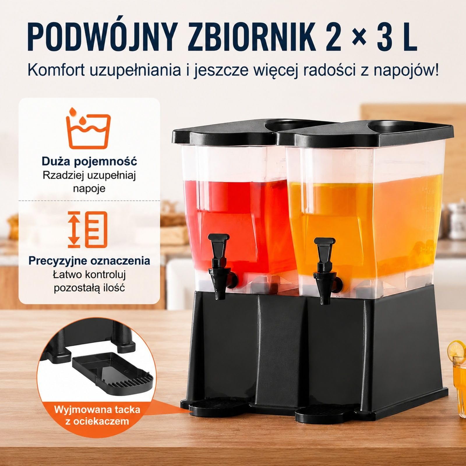 Zestaw 2 dystrybutorów napojów z PP, dozownik soku z kranikiem i stojącą pokrywką do herbaty mrożonej, lemoniady, soku i wody dla restauracji, hoteli i przyjęć