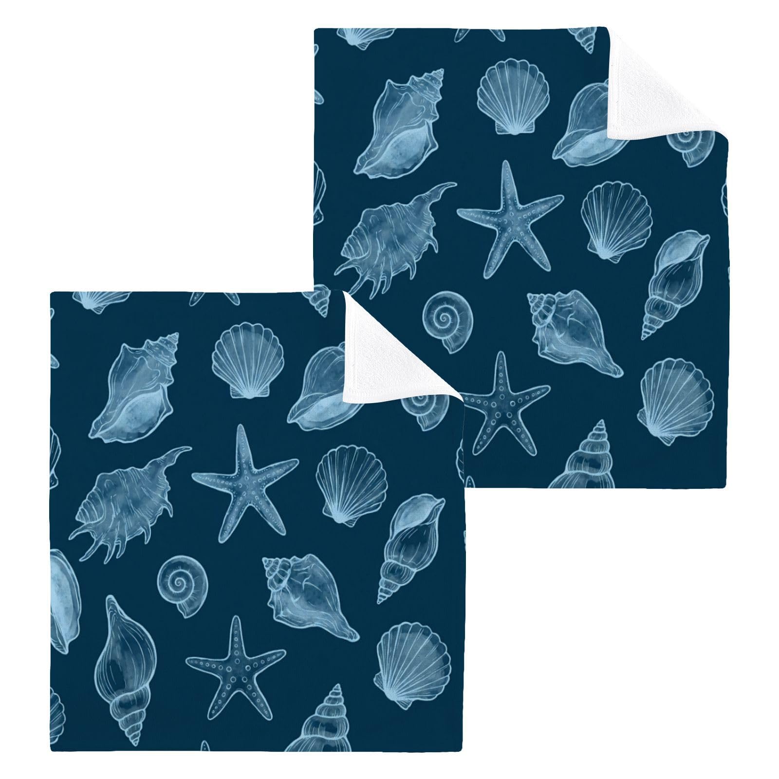 BOESI Navy Watercolor Seashell 12x12in Cotton Washcloth,Face Towel