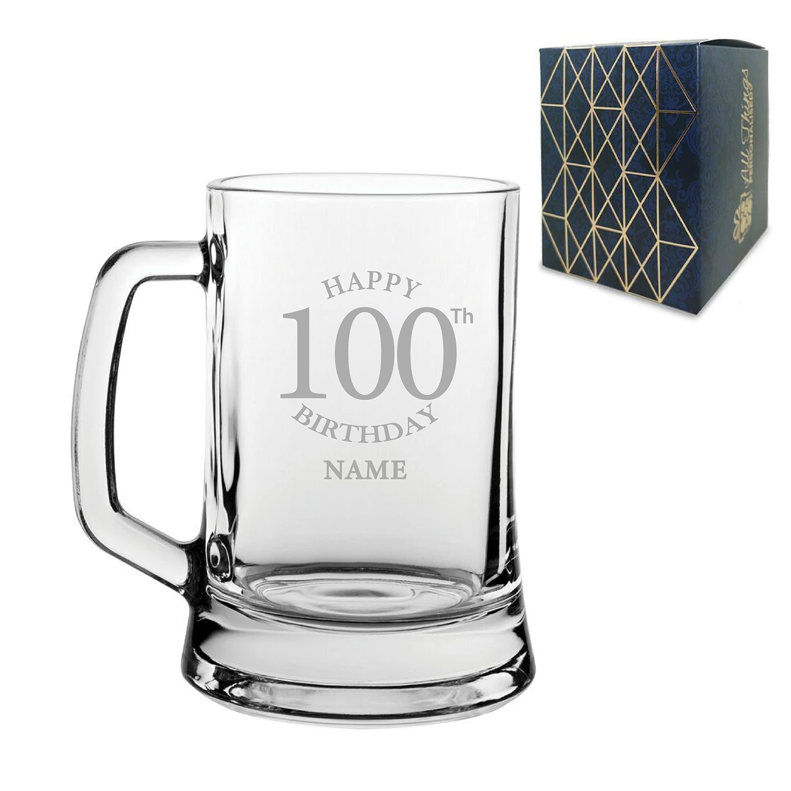 Personalised Engraved Tankard Beer Mug Stein Happy 100th Birthday Classic Design Gift Boxed, 16.75oz/495ml Classic Beer Glass, Any Name, Engraved in The UK — image 1