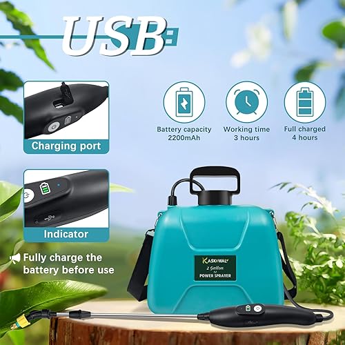 Miniatura 4 de Pulverizador eléctrico de jardín de 2 galones, rociador a batería con mango recargable por USB, 3 boquillas de niebla, varita retráctil, rociador de