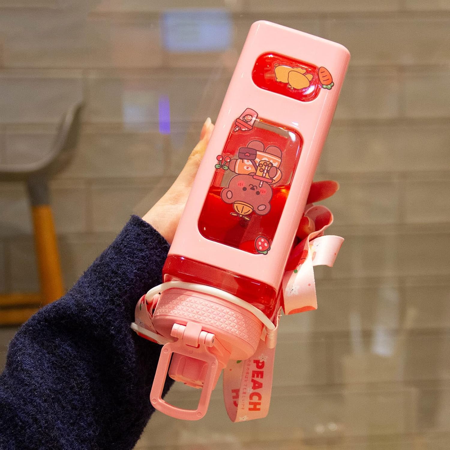 NOMAZO Kawaii Water Bottle with Straw | Cute Square Water Bottles with Kawaii Stickers | Leakproof Portable Water Jug for Kids | Reusable 700ml Drinking Bottle with Handle -Pink 4