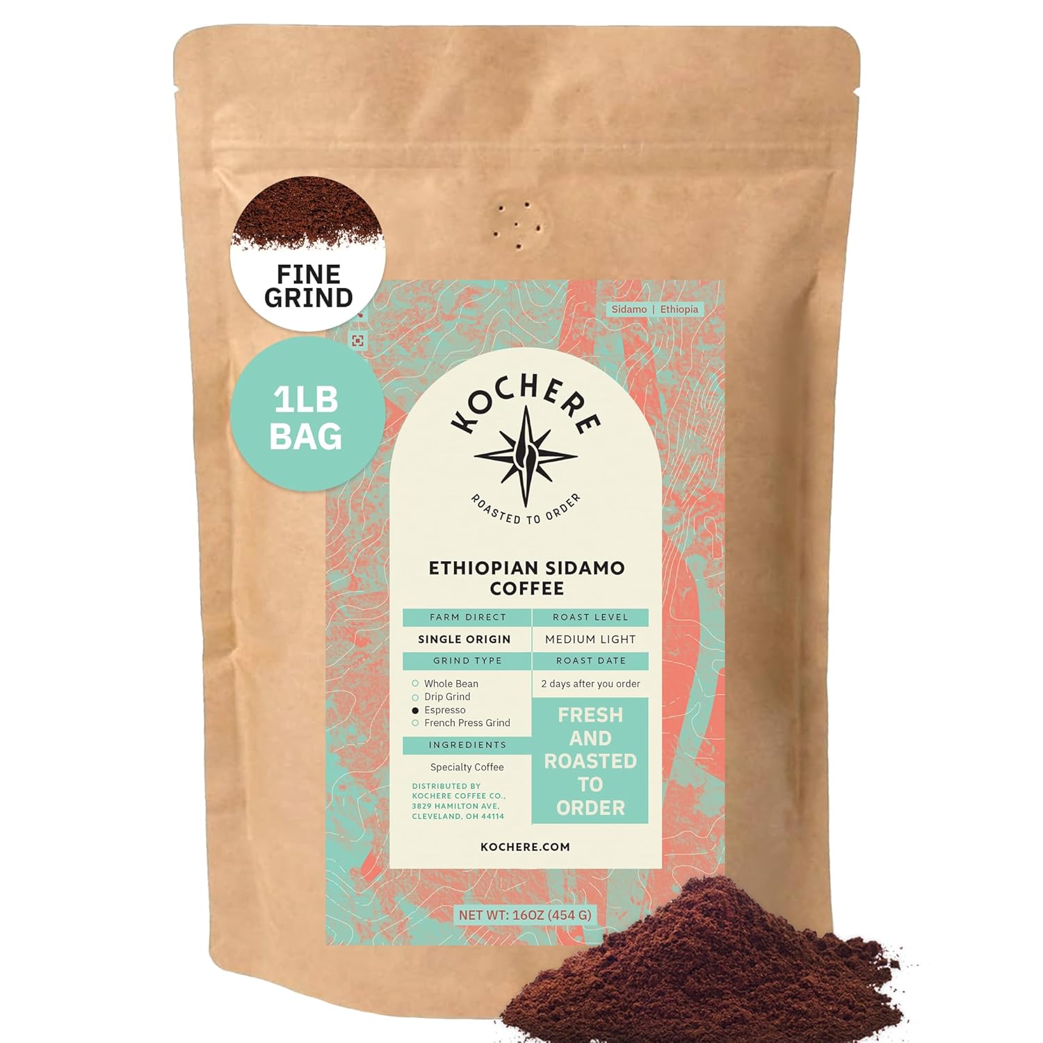 Kochere Ethiopian Sidama Coffee – 1LB Fine Grind – Freshly Roasted to Order – Single Origin, Farm Direct, Rich Flavored Coffee – Chocolate, Fruity & Caramel Notes