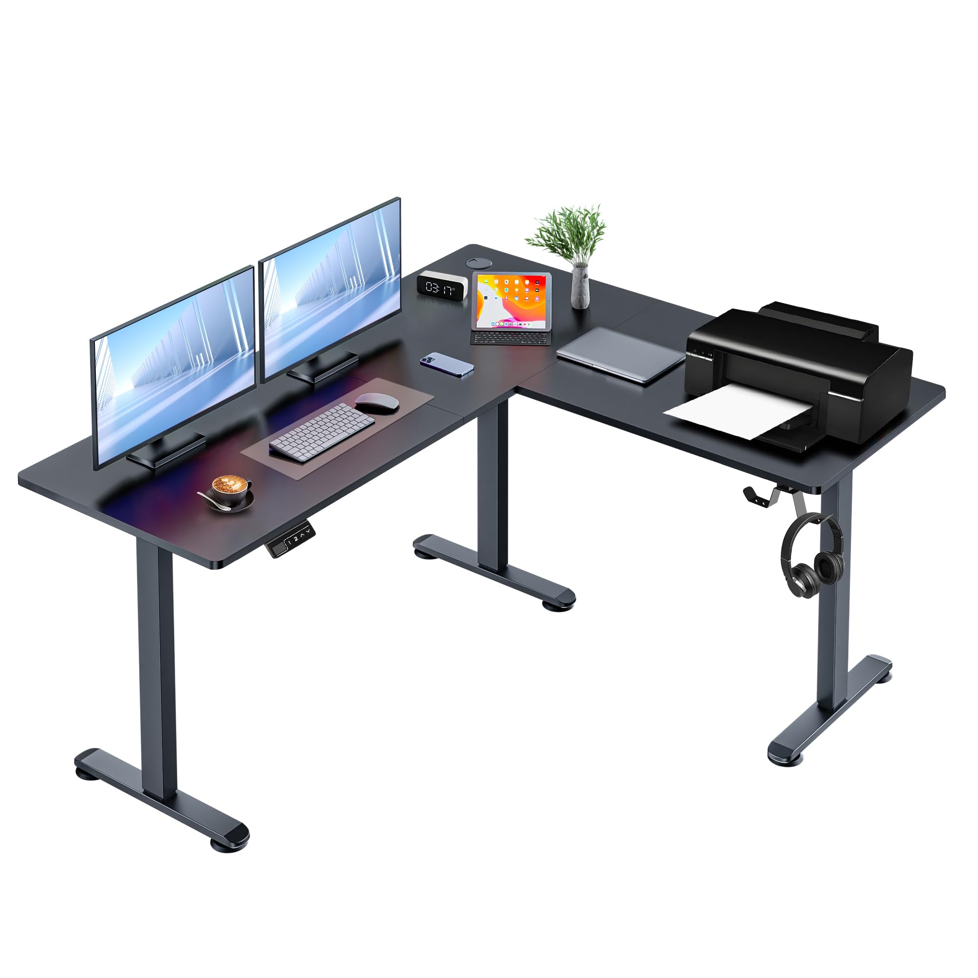 Bureau debout en L 160 cm ergonomique noir au design épuré