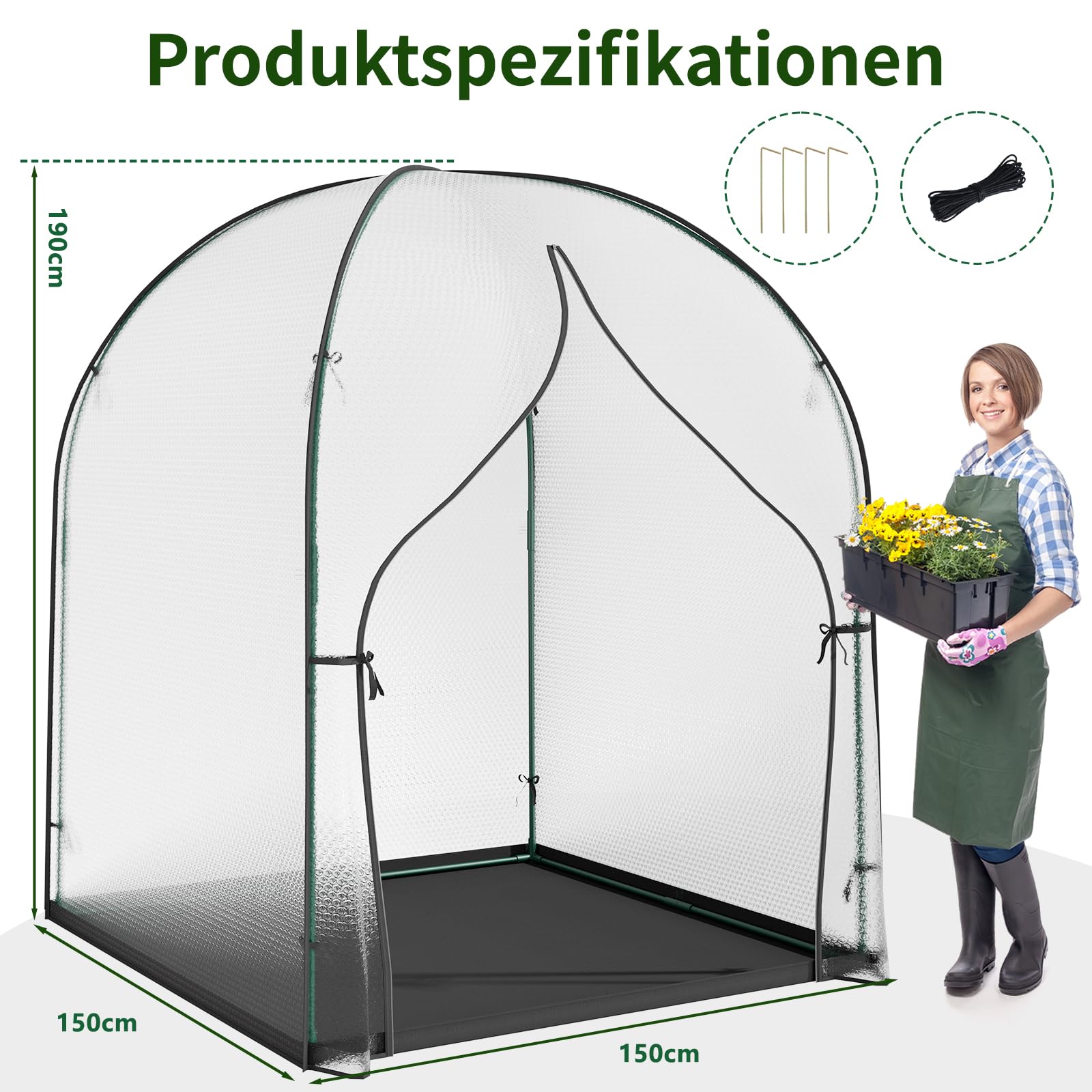 SUNYRISY Gewächshaus Tomatengewächshaus Foliengewächshaus für Balkon Outdoor, 3-lagige Blasenfilm Winterfest, UV-Beständig, mit Wasserdicht Bodenmatte, 150 x 150 x 190 cm