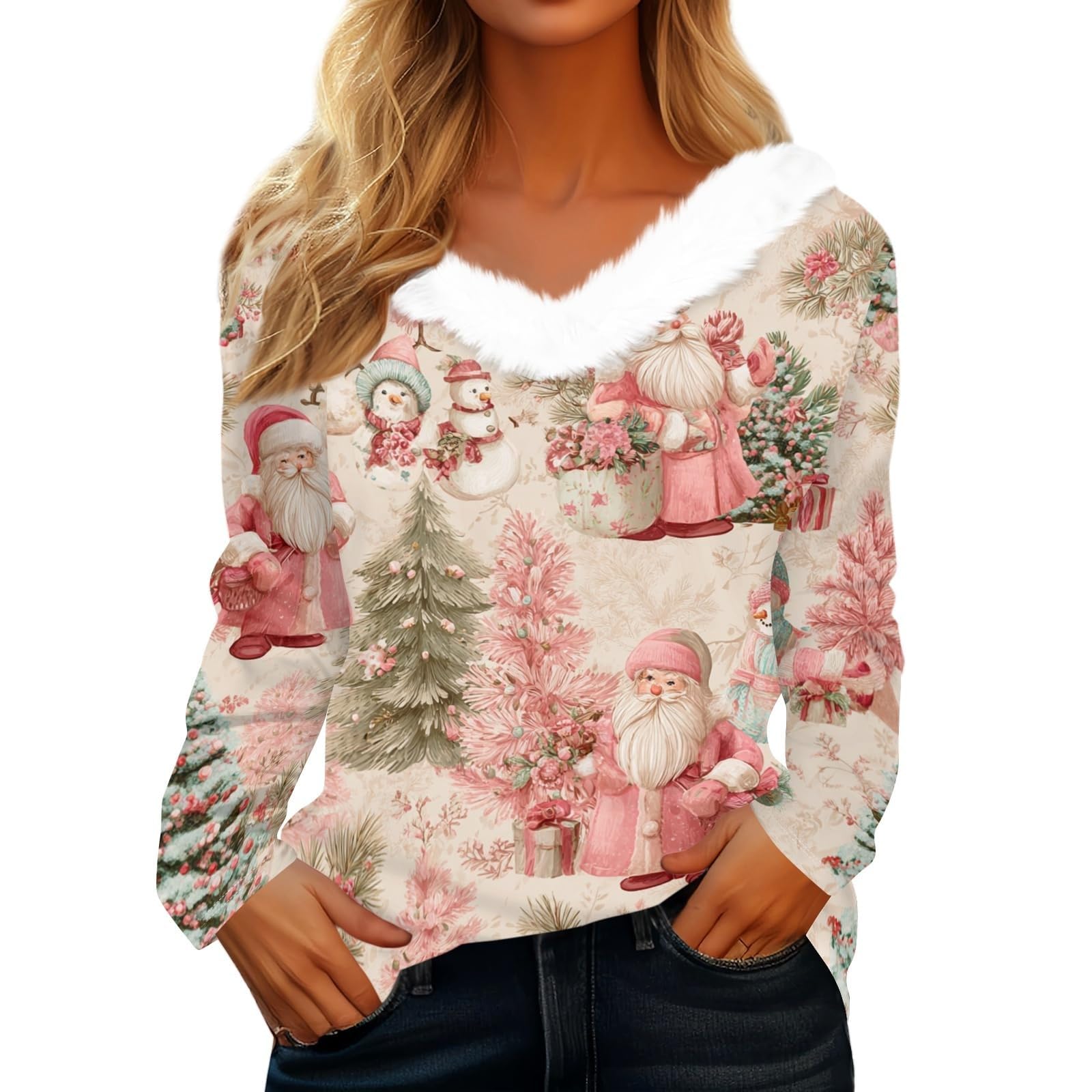 Ladies Festive Top V Neck Faux Fur Trim Long Sleeve Christmas Shirt,Pink,XL