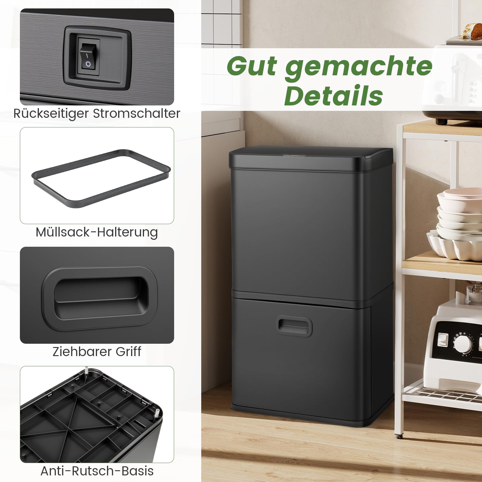 COSTWAY Mülleimer 3 Fächer, 56L Mülltrennsystem inkl. 2 ausnehmbaren Abfallbehältern, 2 x 10L + 36 L, elektrischer Abfalleimer mit Sensor & Softclose-Deckel, für Küche, Büro (Schwarz)